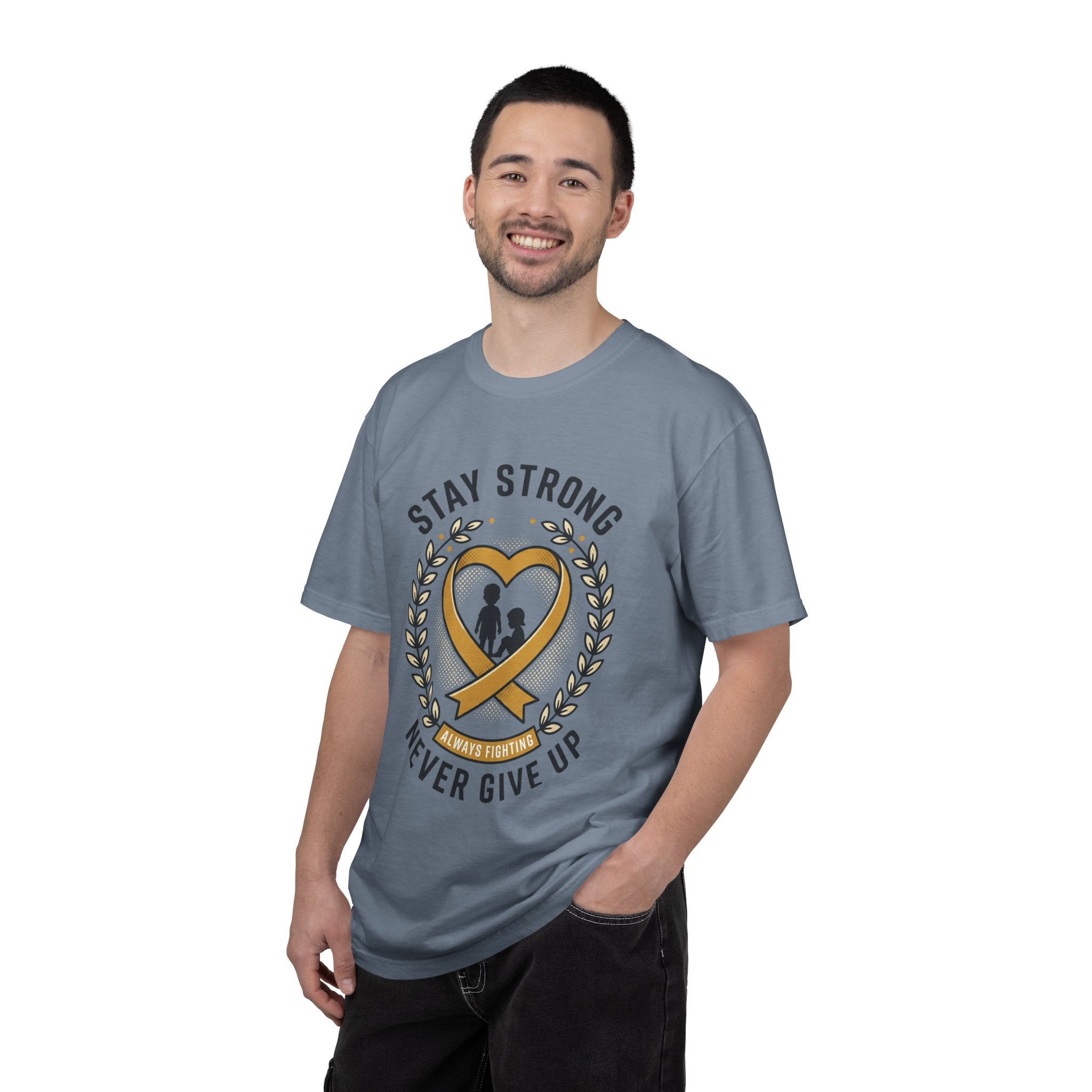 Stay Strong Never Give Up T-Shirt — Childhood Cancer Awareness Ribbon Tee