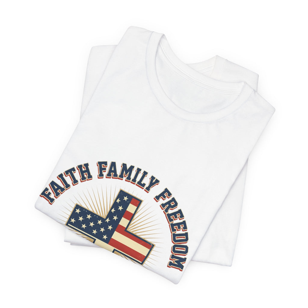 Faith Family Freedom Cross Tee | Patriotic, Faith-Based July 4th Vintage Americana