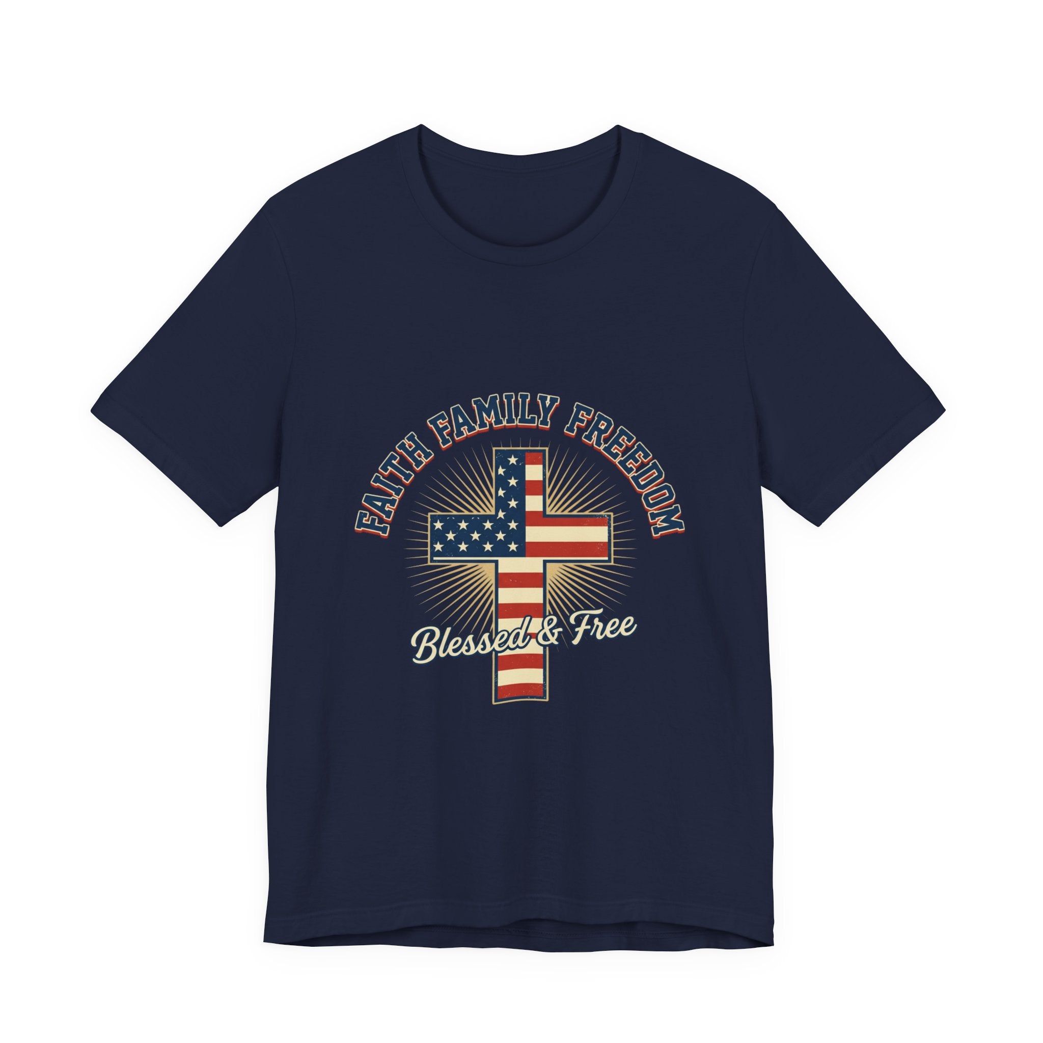 Faith Family Freedom Cross Tee | Patriotic, Faith-Based July 4th Vintage Americana