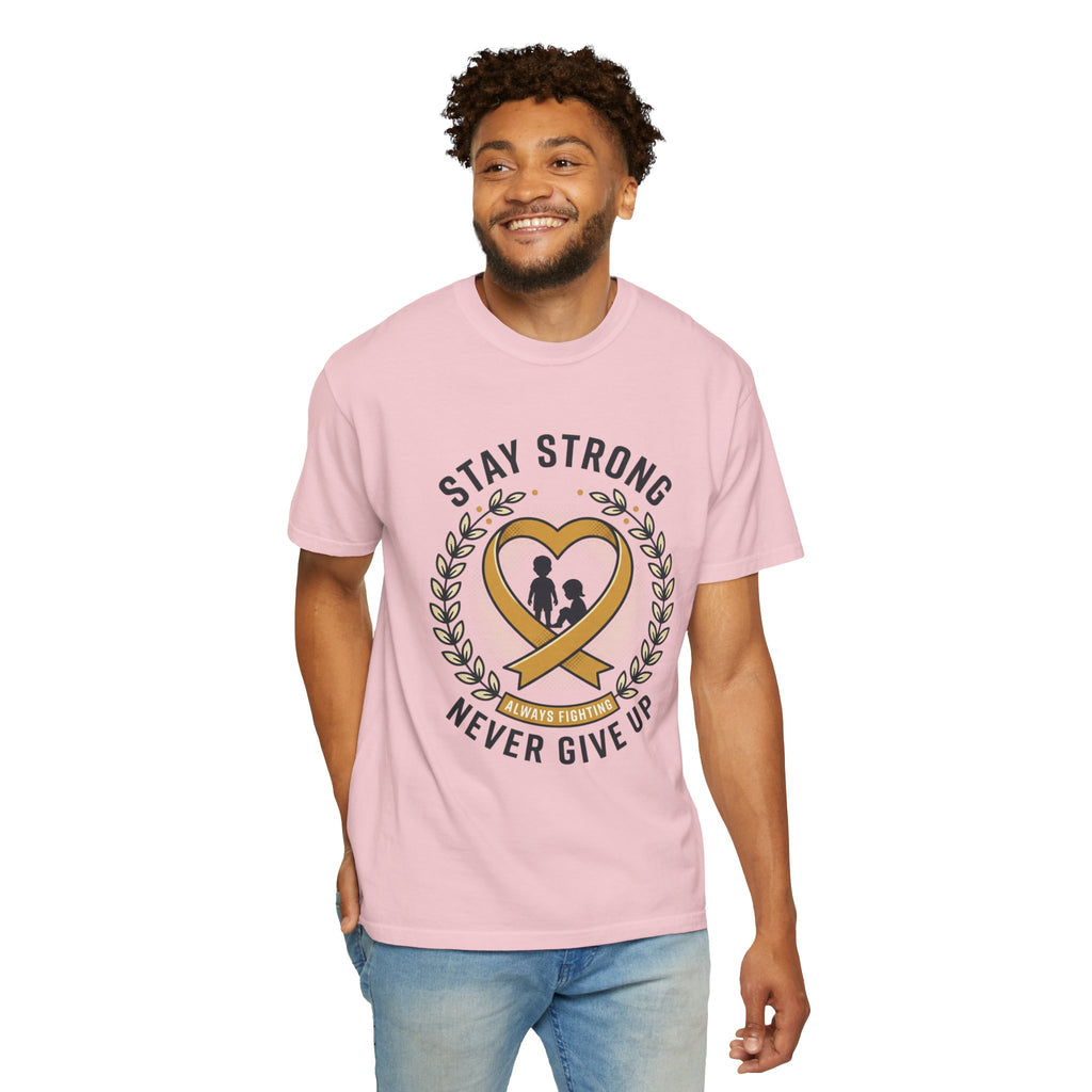 Stay Strong Never Give Up T-Shirt — Childhood Cancer Awareness Ribbon Tee