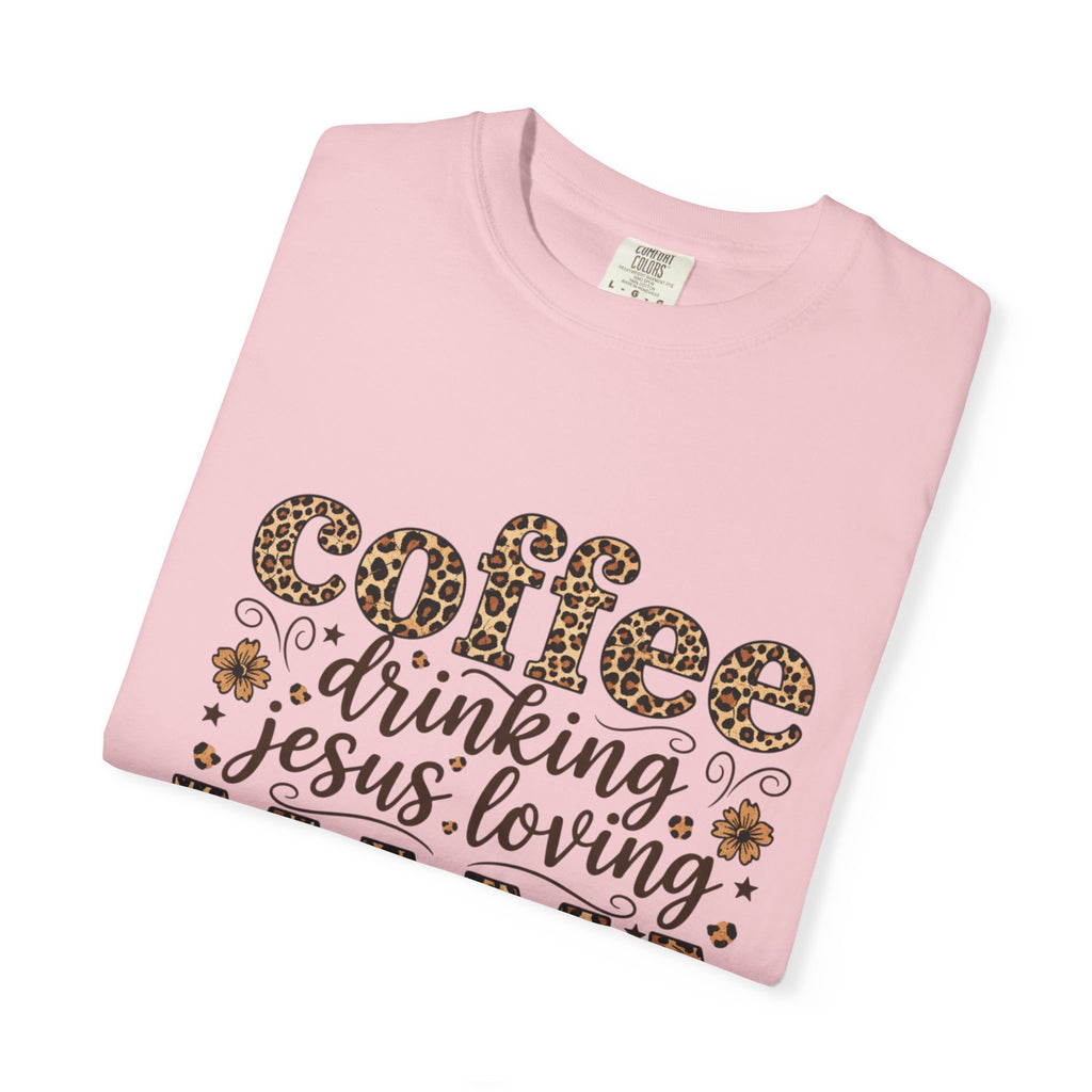 Coffee-Drinking Jesus-Loving Mama T-Shirt — Leopard Print Mom Tee