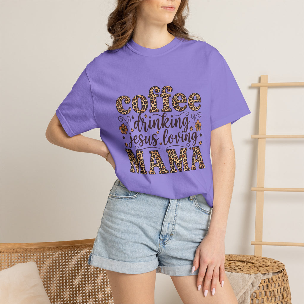 Coffee-Drinking Jesus-Loving Mama T-Shirt — Leopard Print Mom Tee