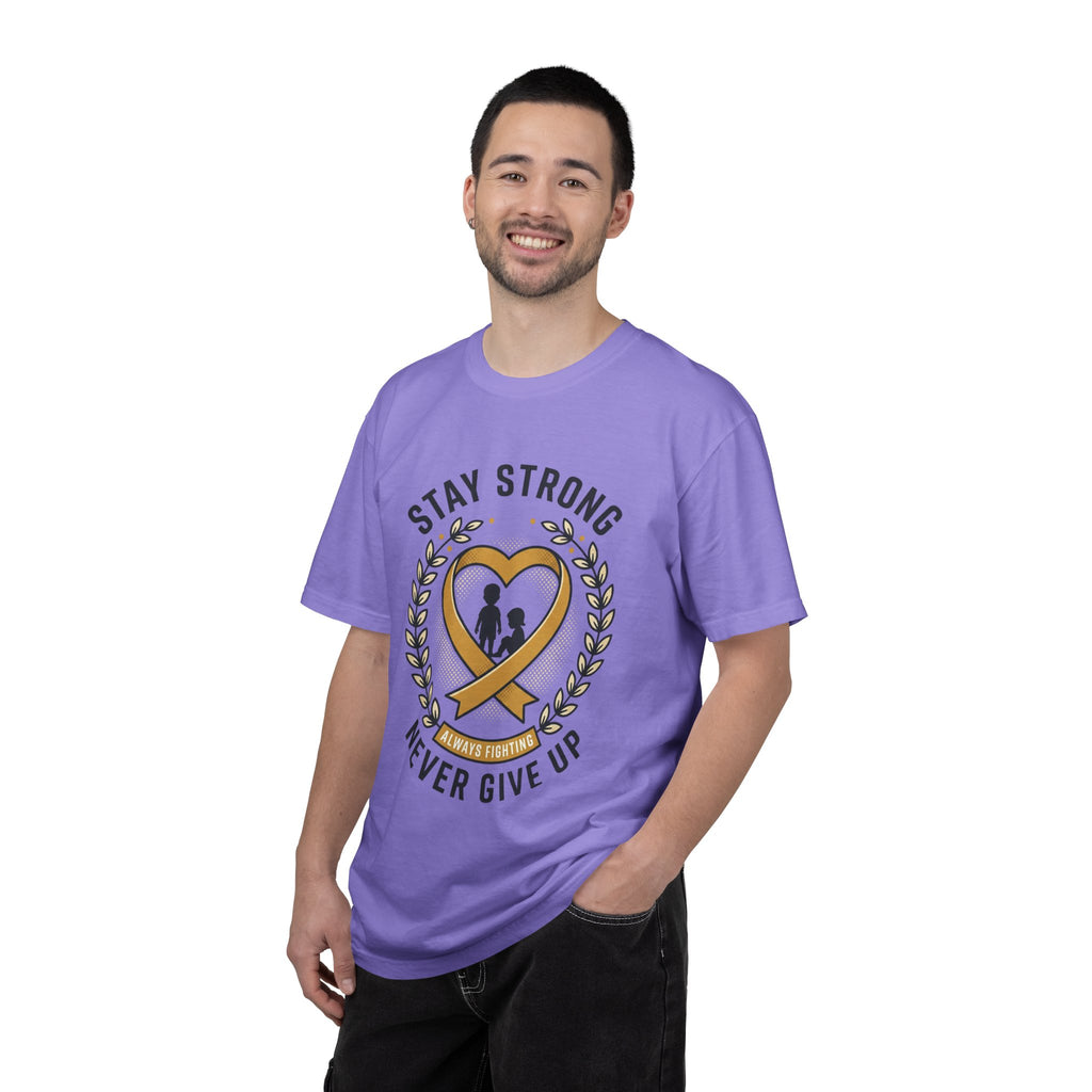 Stay Strong Never Give Up T-Shirt — Childhood Cancer Awareness Ribbon Tee