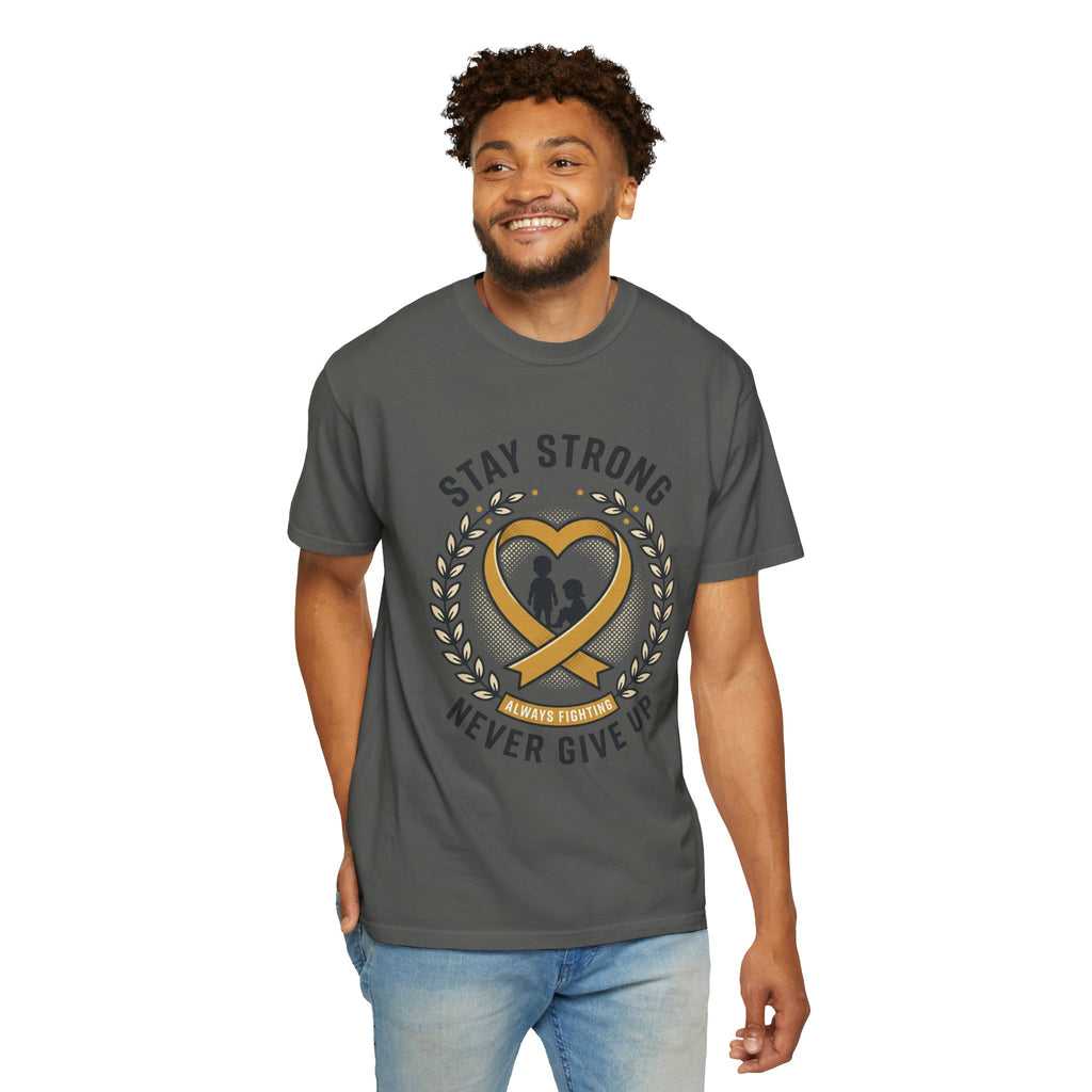 Stay Strong Never Give Up T-Shirt — Childhood Cancer Awareness Ribbon Tee