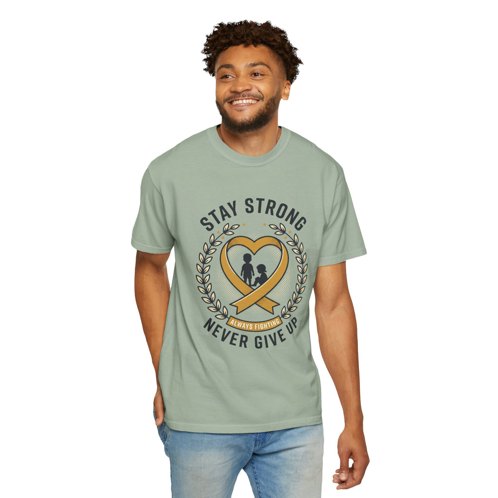 Stay Strong Never Give Up T-Shirt — Childhood Cancer Awareness Ribbon Tee