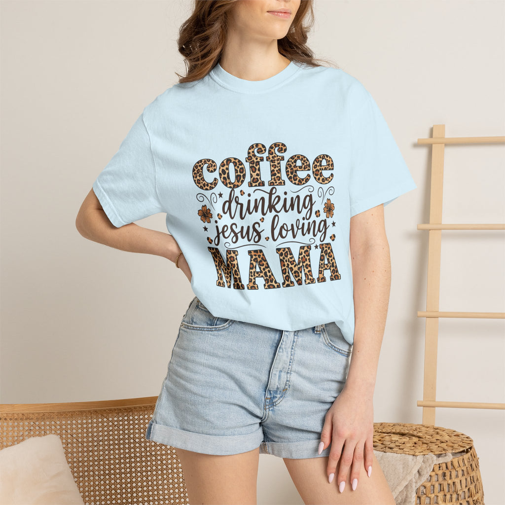 Coffee-Drinking Jesus-Loving Mama T-Shirt — Leopard Print Mom Tee