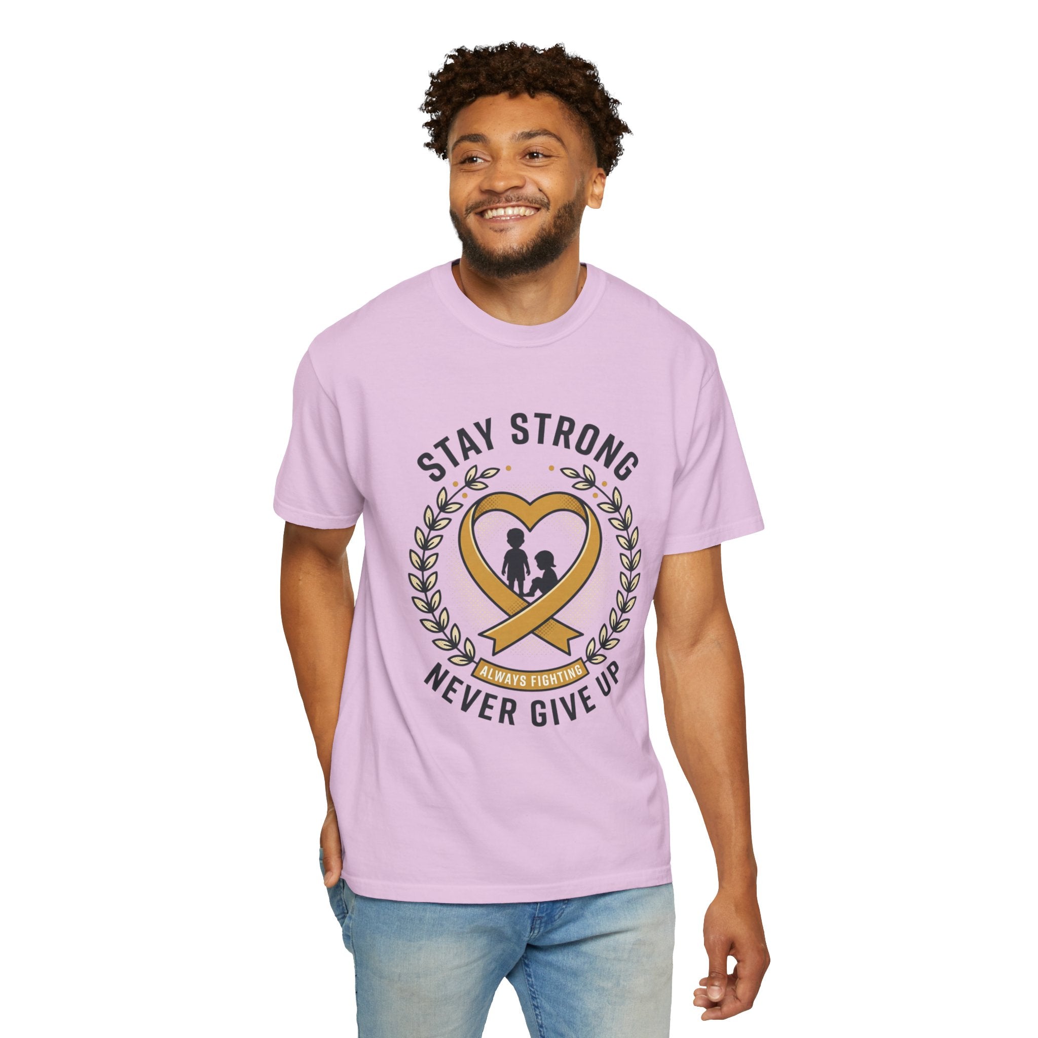 Stay Strong Never Give Up T-Shirt — Childhood Cancer Awareness Ribbon Tee