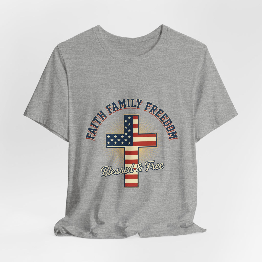 Faith Family Freedom Cross Tee | Patriotic, Faith-Based July 4th Vintage Americana