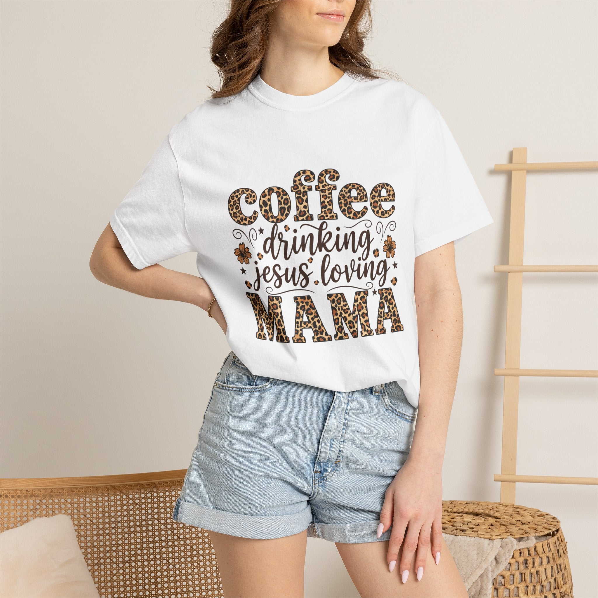Coffee-Drinking Jesus-Loving Mama T-Shirt — Leopard Print Mom Tee