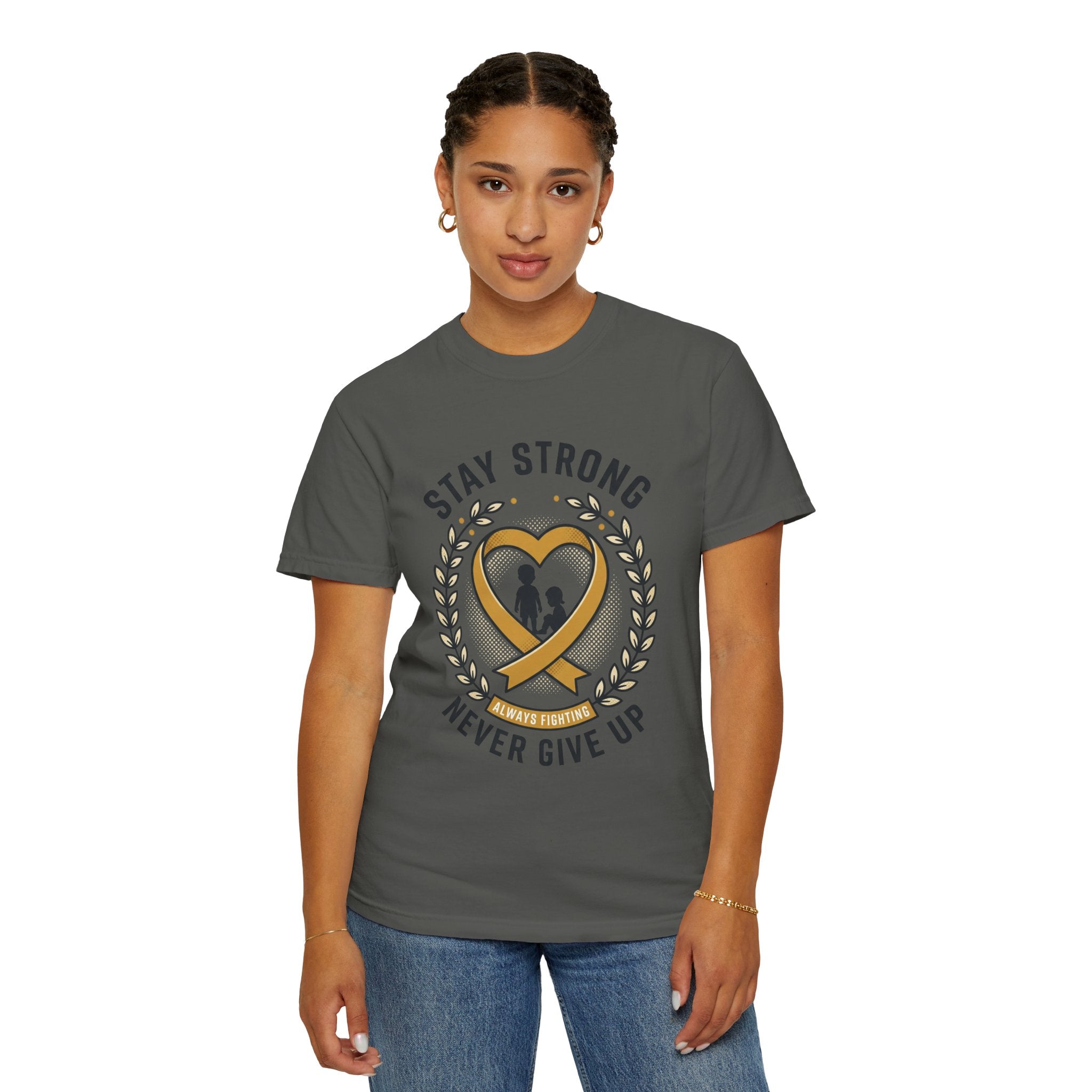 Stay Strong Never Give Up T-Shirt — Childhood Cancer Awareness Ribbon Tee