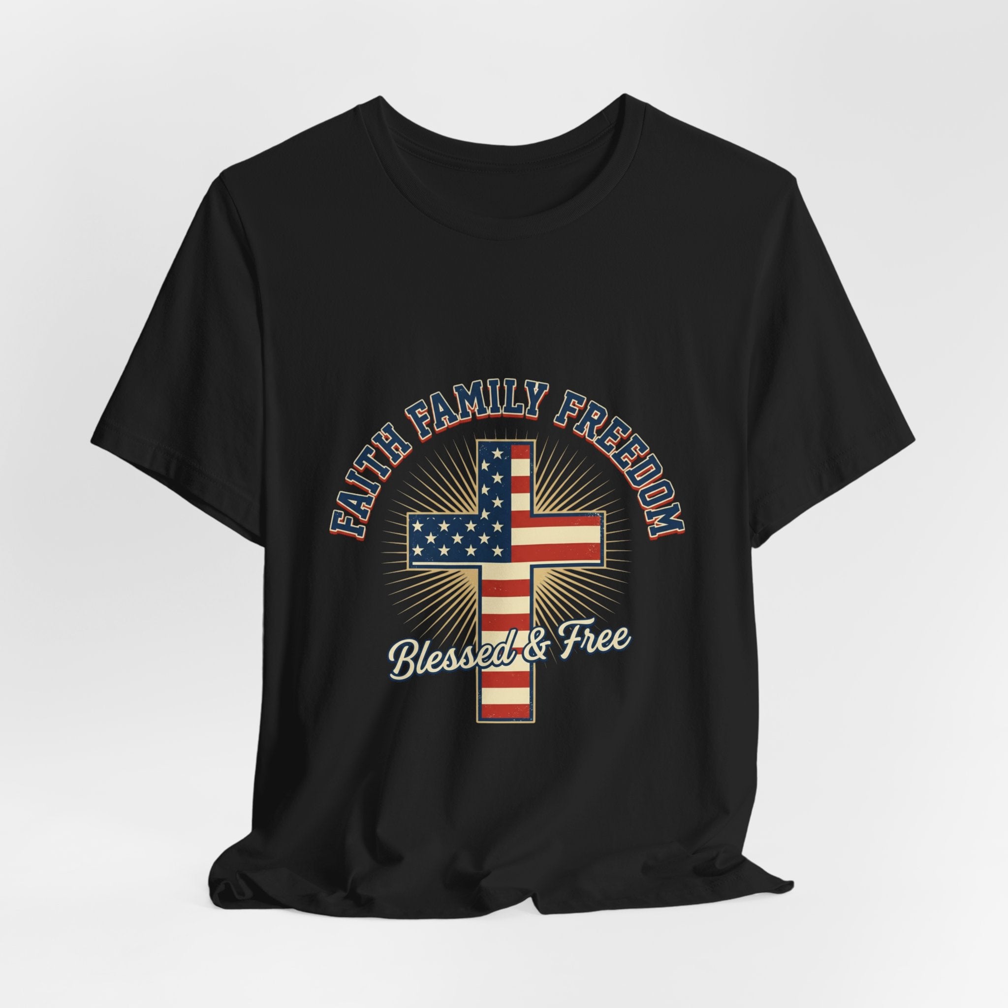 Faith Family Freedom Cross Tee | Patriotic, Faith-Based July 4th Vintage Americana