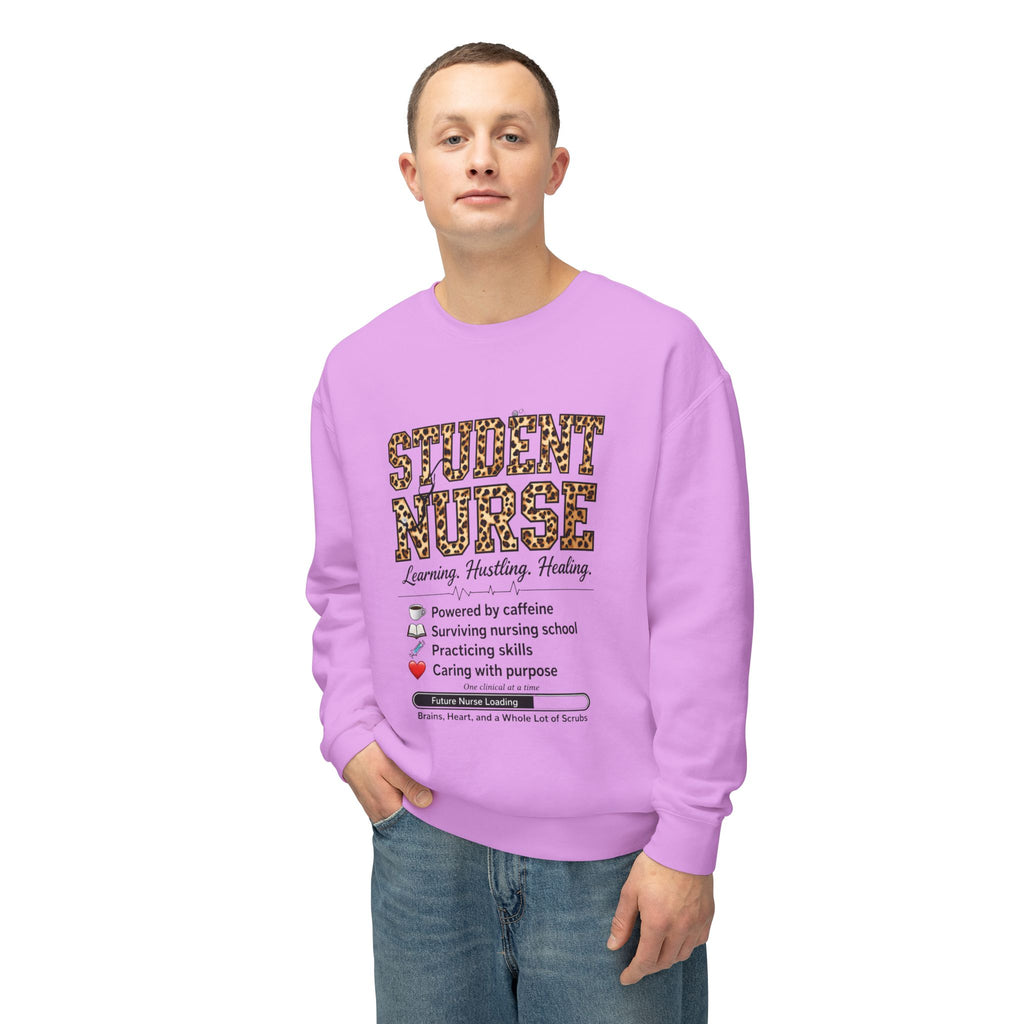 Student Nurse Crewneck Sweatshirt — Leopard Text Design, ‘Learning. Hustling. Healing.’
