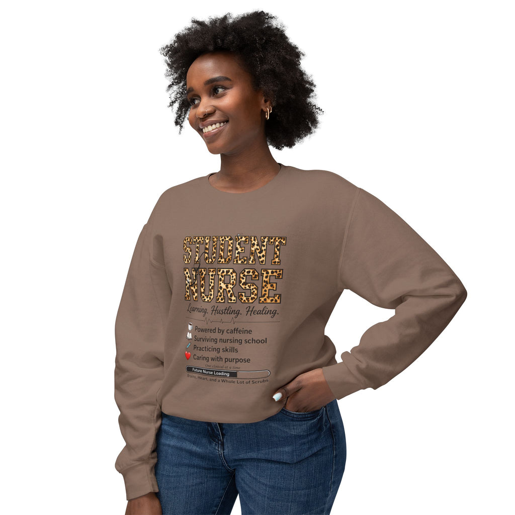 Student Nurse Crewneck Sweatshirt — Leopard Text Design, ‘Learning. Hustling. Healing.’