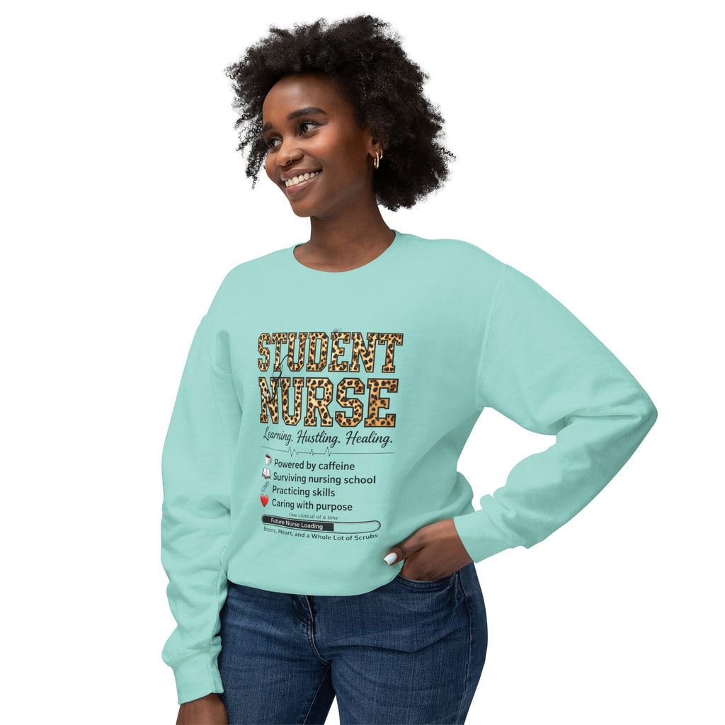 Student Nurse Crewneck Sweatshirt — Leopard Text Design, ‘Learning. Hustling. Healing.’