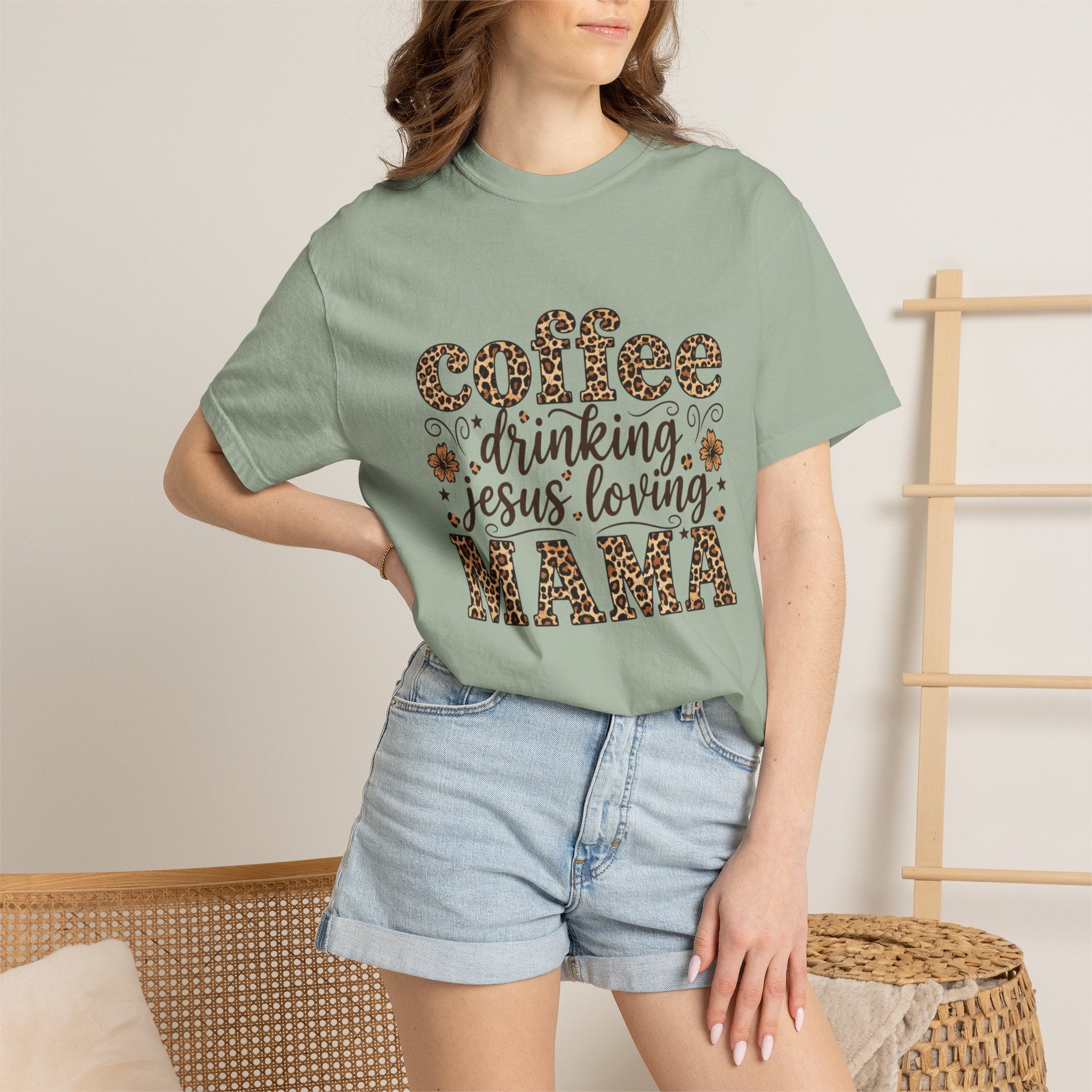 Coffee-Drinking Jesus-Loving Mama T-Shirt — Leopard Print Mom Tee