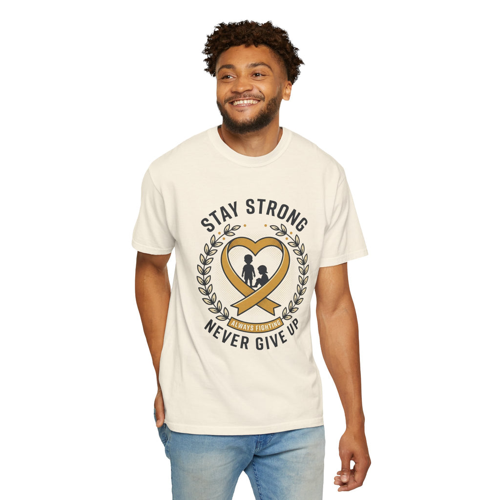 Stay Strong Never Give Up T-Shirt — Childhood Cancer Awareness Ribbon Tee