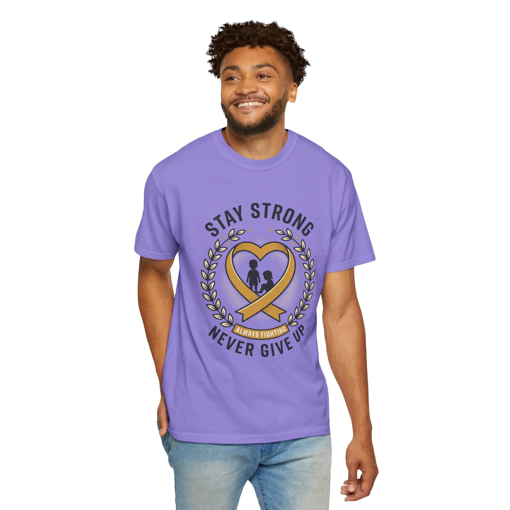 Stay Strong Never Give Up T-Shirt — Childhood Cancer Awareness Ribbon Tee