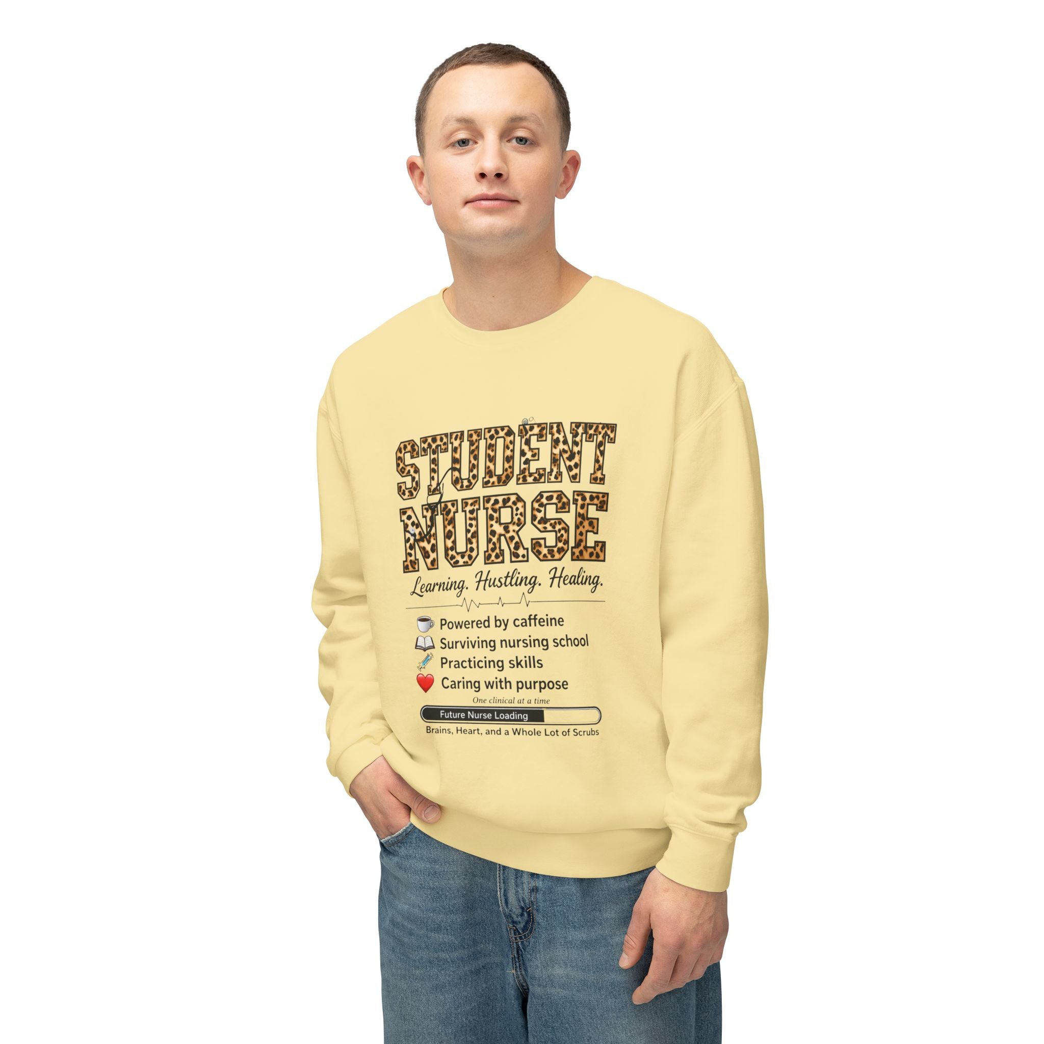 Student Nurse Crewneck Sweatshirt — Leopard Text Design, ‘Learning. Hustling. Healing.’