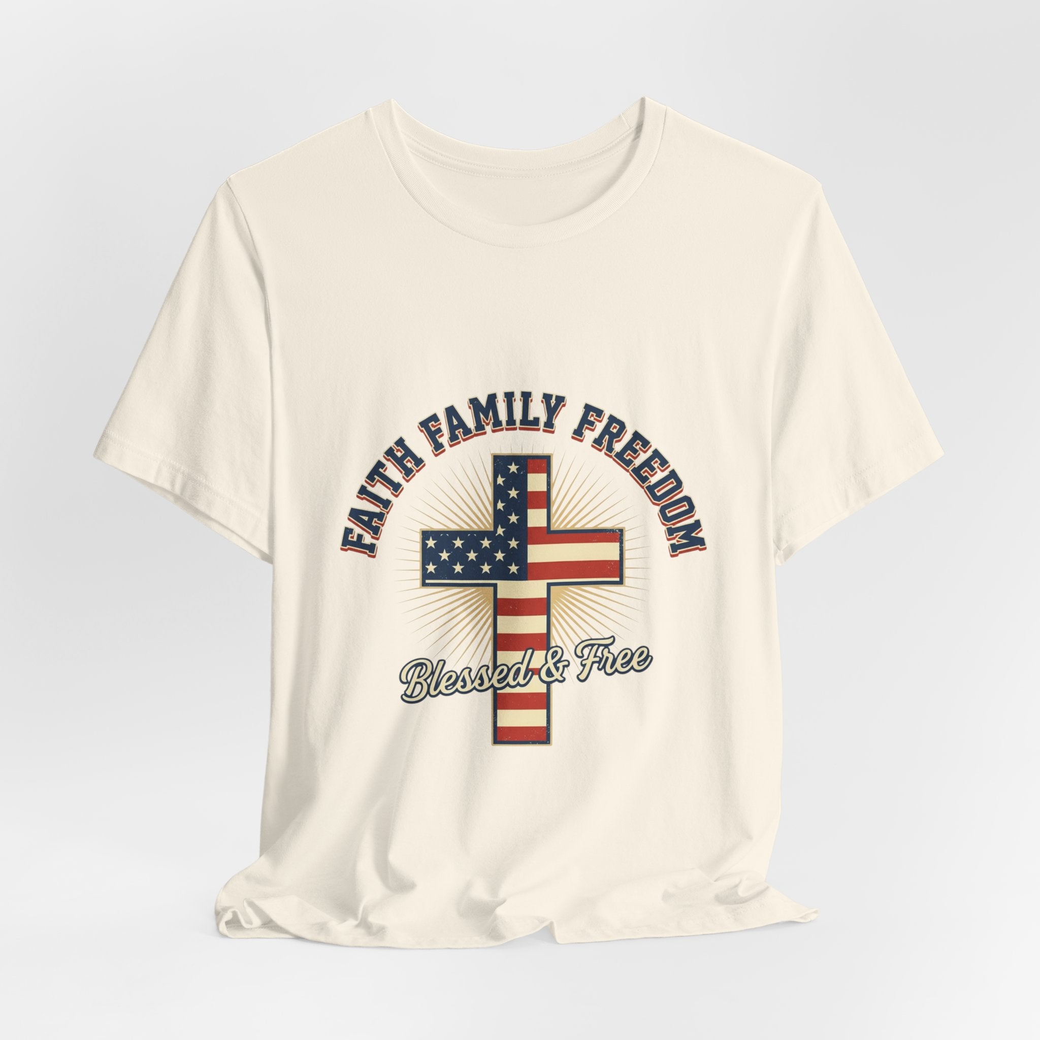 Faith Family Freedom Cross Tee | Patriotic, Faith-Based July 4th Vintage Americana