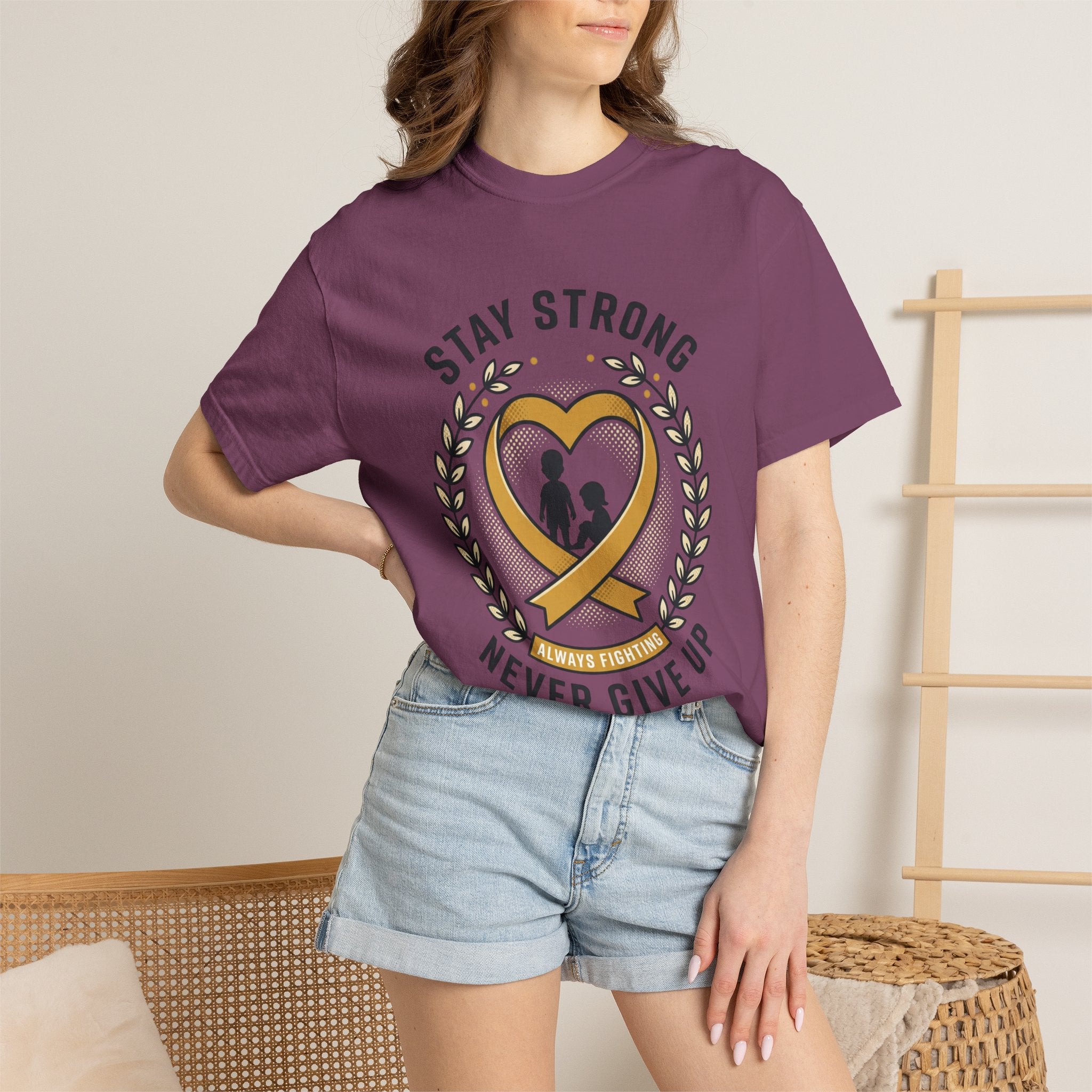 Stay Strong Never Give Up T-Shirt — Childhood Cancer Awareness Ribbon Tee