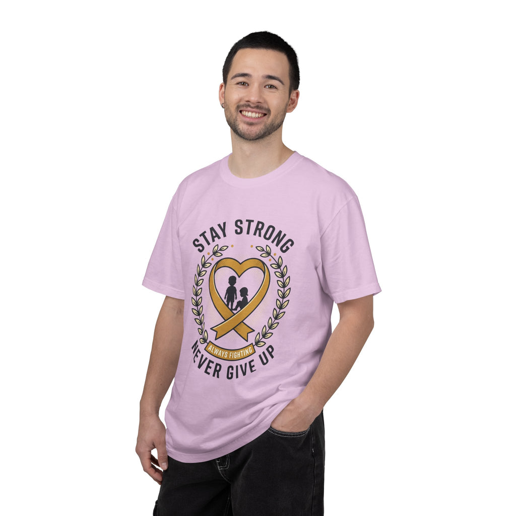 Stay Strong Never Give Up T-Shirt — Childhood Cancer Awareness Ribbon Tee
