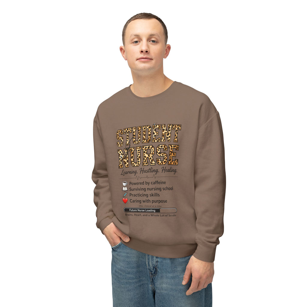 Student Nurse Crewneck Sweatshirt — Leopard Text Design, ‘Learning. Hustling. Healing.’