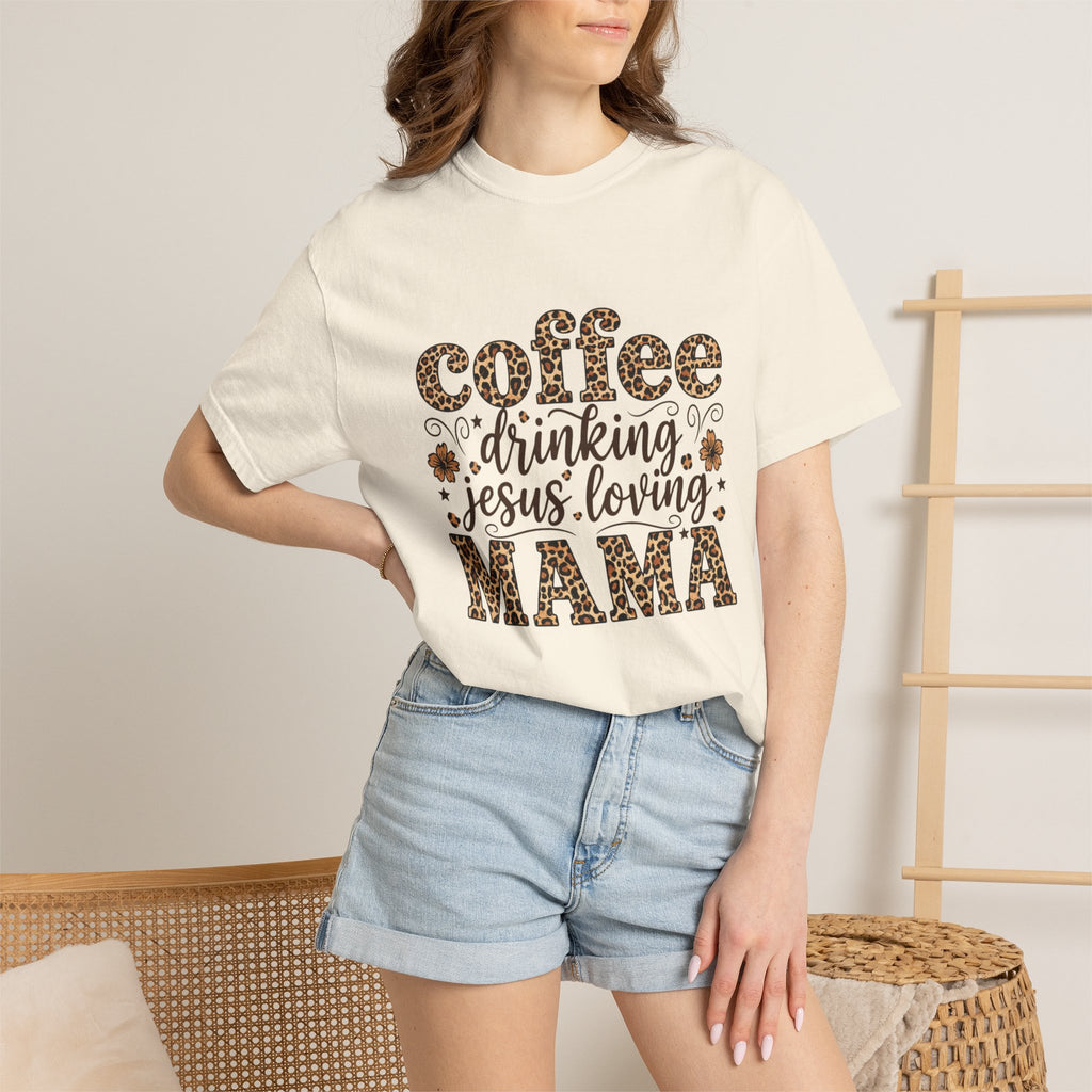 Coffee-Drinking Jesus-Loving Mama T-Shirt — Leopard Print Mom Tee
