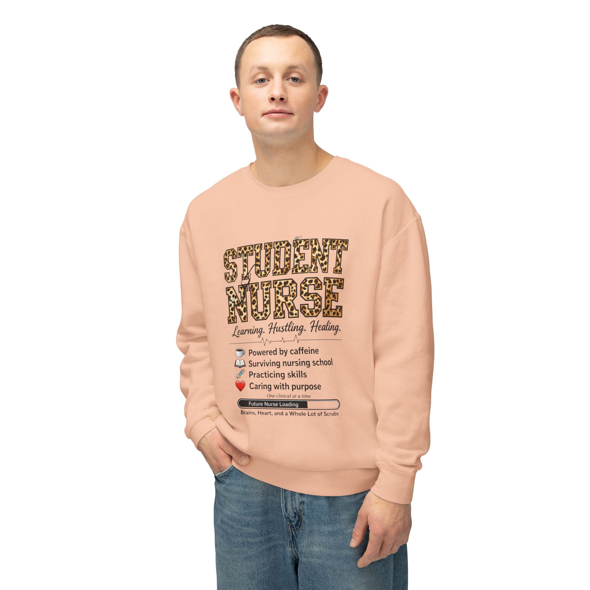Student Nurse Crewneck Sweatshirt — Leopard Text Design, ‘Learning. Hustling. Healing.’
