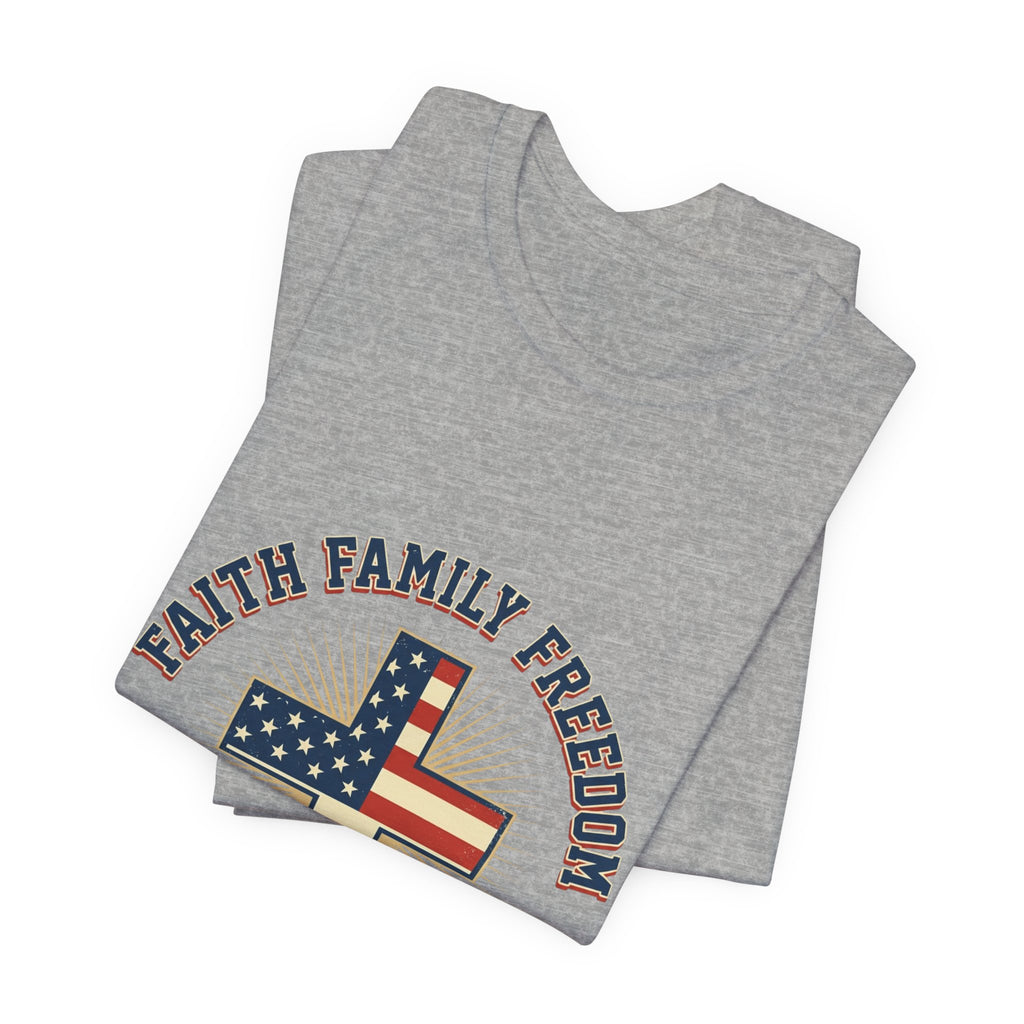Faith Family Freedom Cross Tee | Patriotic, Faith-Based July 4th Vintage Americana