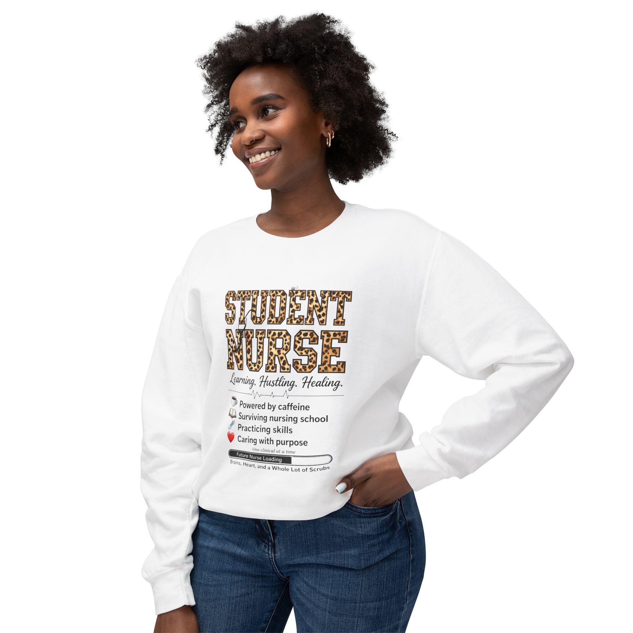 Student Nurse Crewneck Sweatshirt — Leopard Text Design, ‘Learning. Hustling. Healing.’