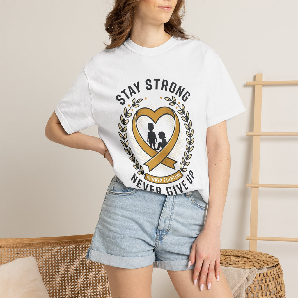 Stay Strong Never Give Up T-Shirt — Childhood Cancer Awareness Ribbon Tee