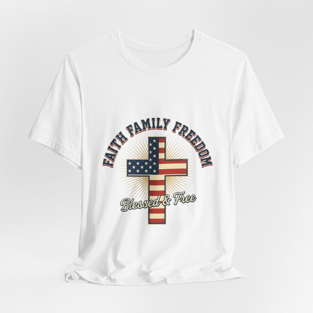 Faith Family Freedom Cross Tee | Patriotic, Faith-Based July 4th Vintage Americana