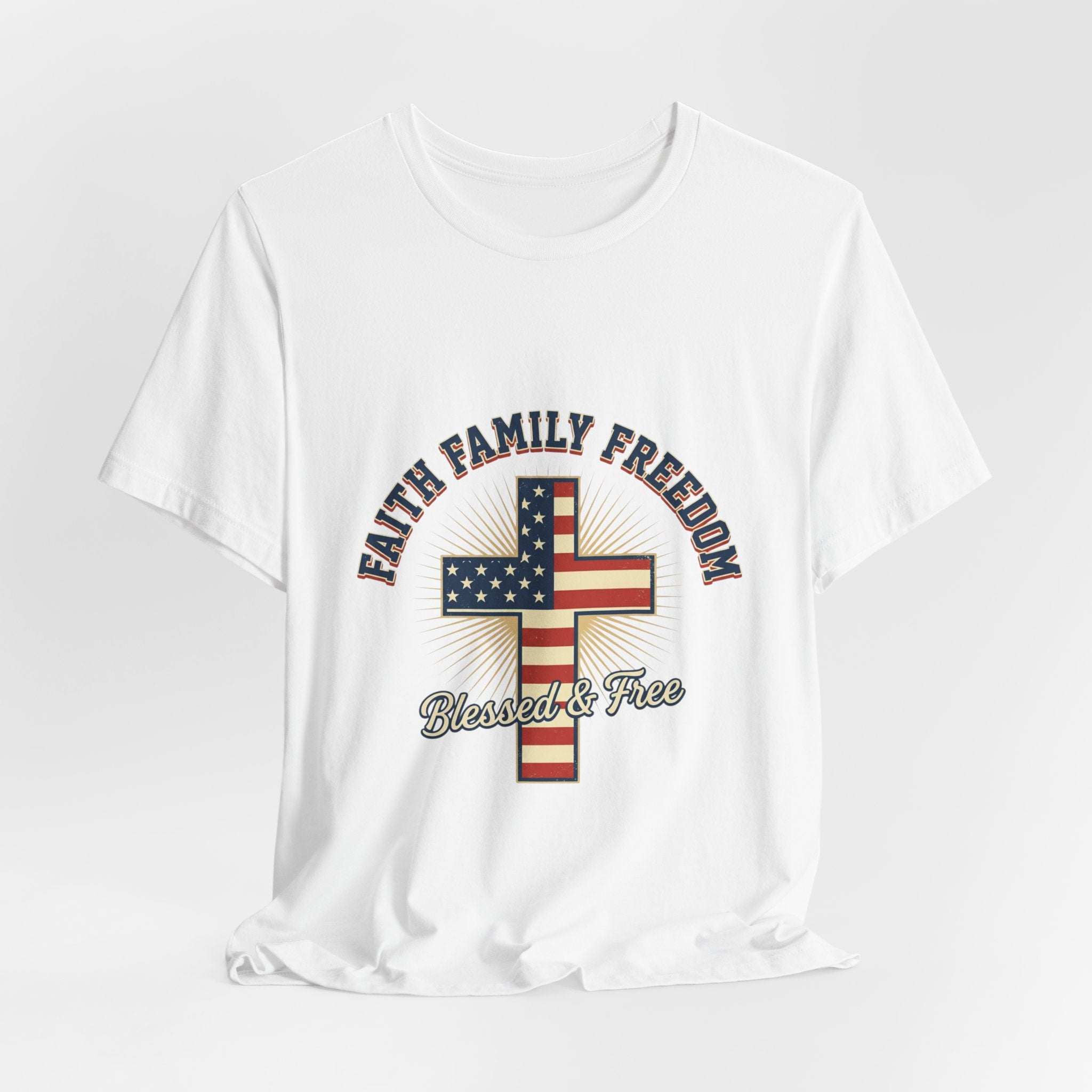 Faith Family Freedom Cross Tee | Patriotic, Faith-Based July 4th Vintage Americana