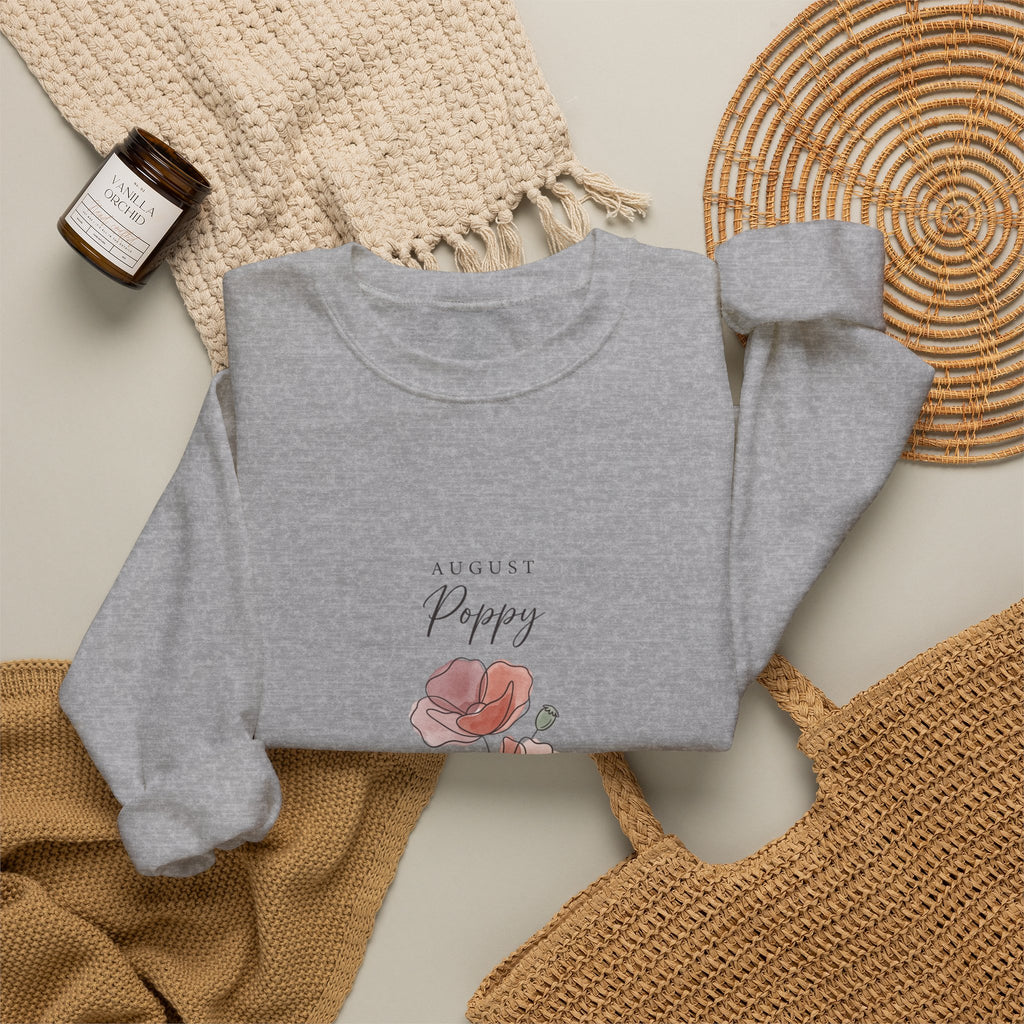 August Poppy Birth Flower Sweatshirt | botanical watercolor, personalized name