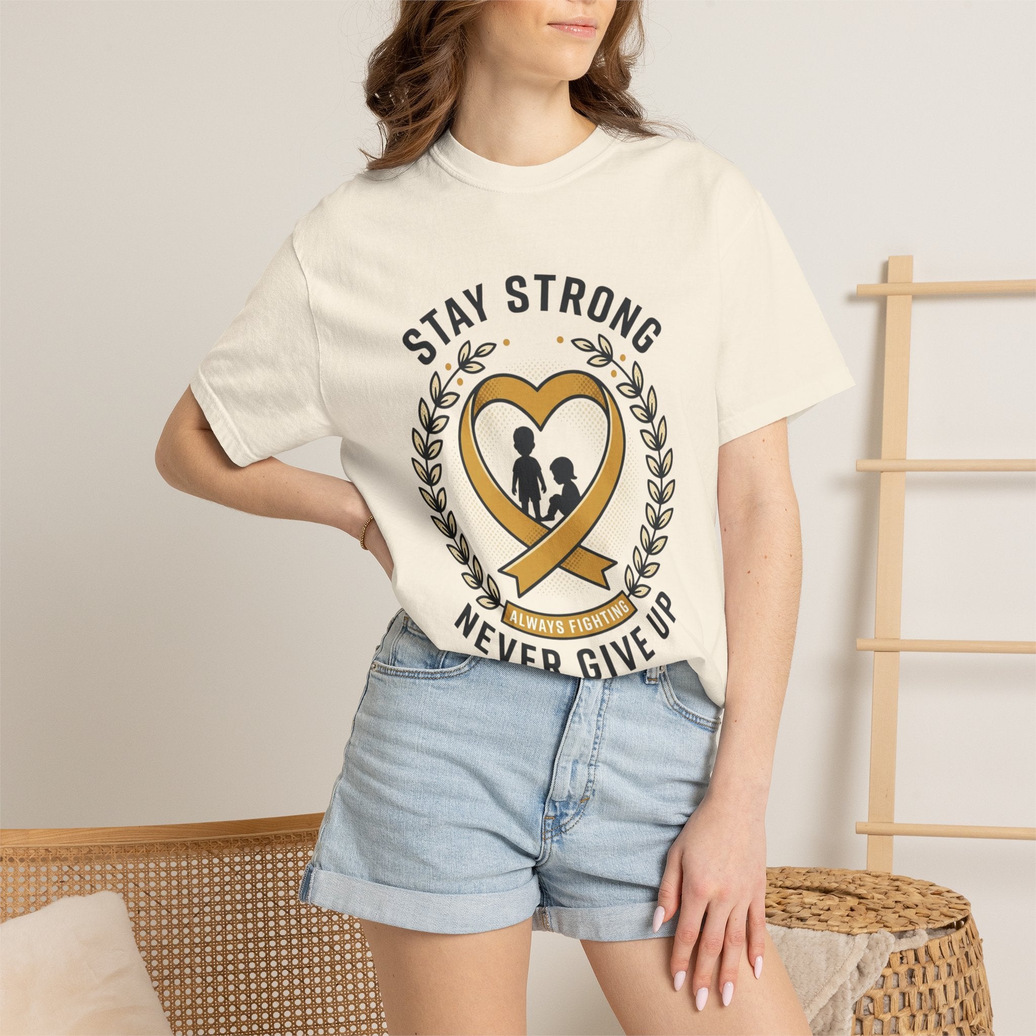 Stay Strong Never Give Up T-Shirt — Childhood Cancer Awareness Ribbon Tee