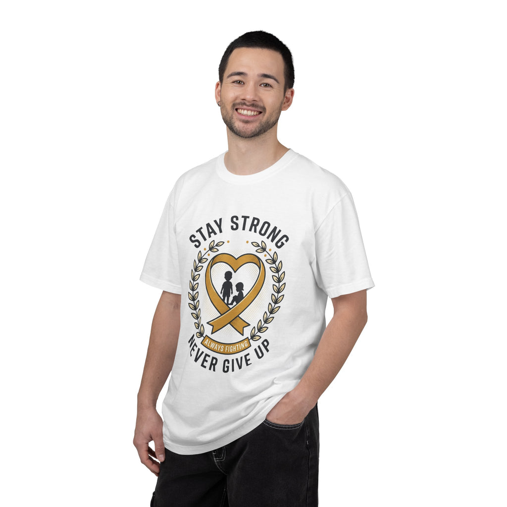 Stay Strong Never Give Up T-Shirt — Childhood Cancer Awareness Ribbon Tee