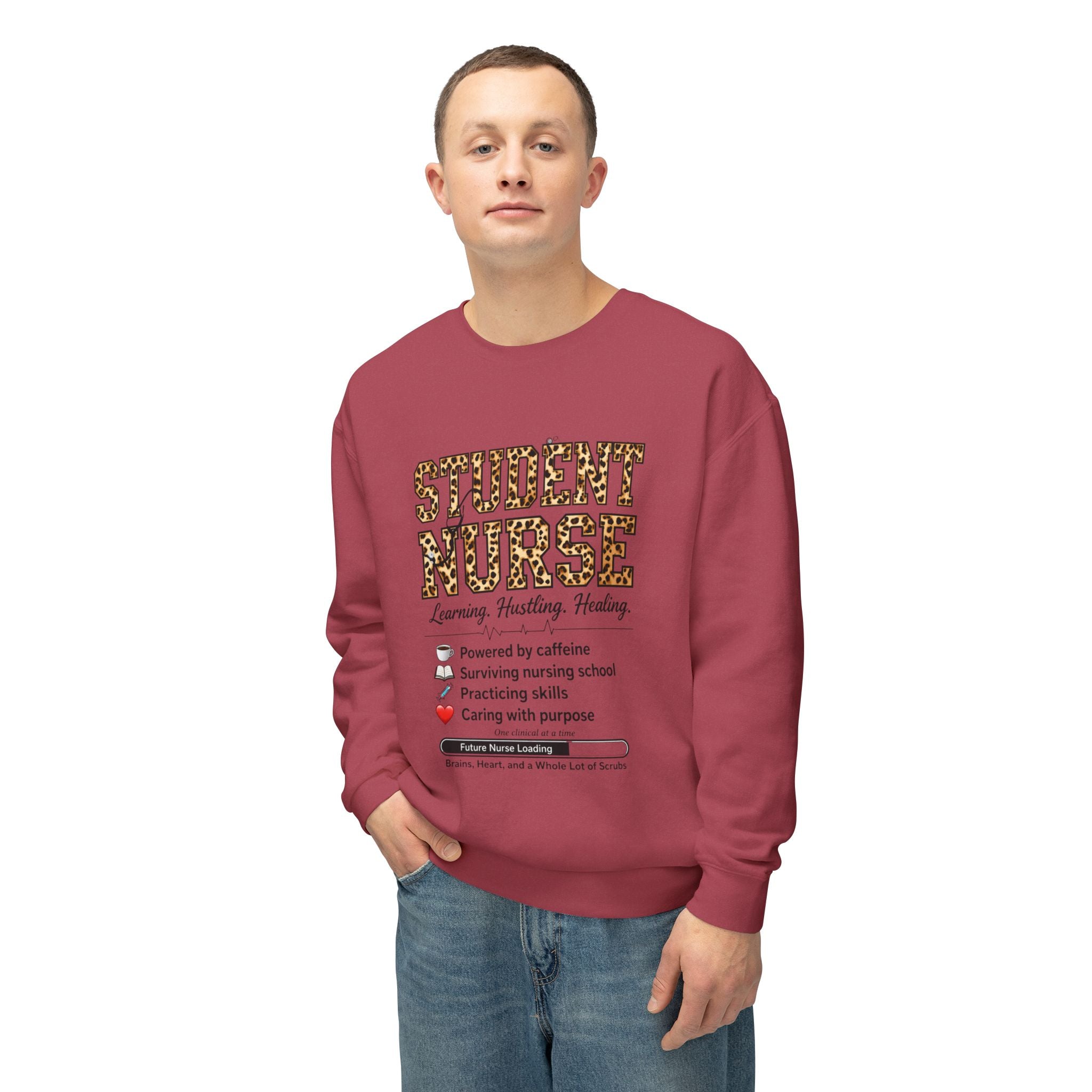 Student Nurse Crewneck Sweatshirt — Leopard Text Design, ‘Learning. Hustling. Healing.’