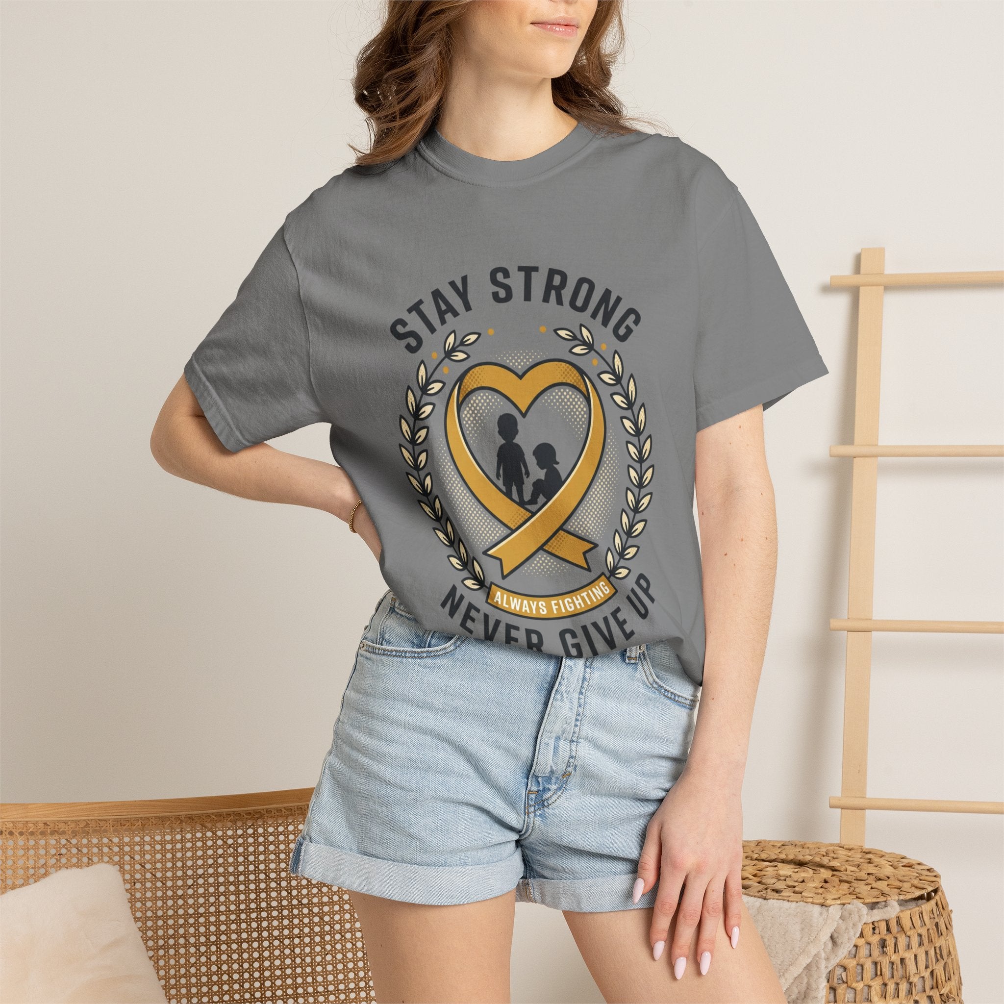 Stay Strong Never Give Up T-Shirt — Childhood Cancer Awareness Ribbon Tee
