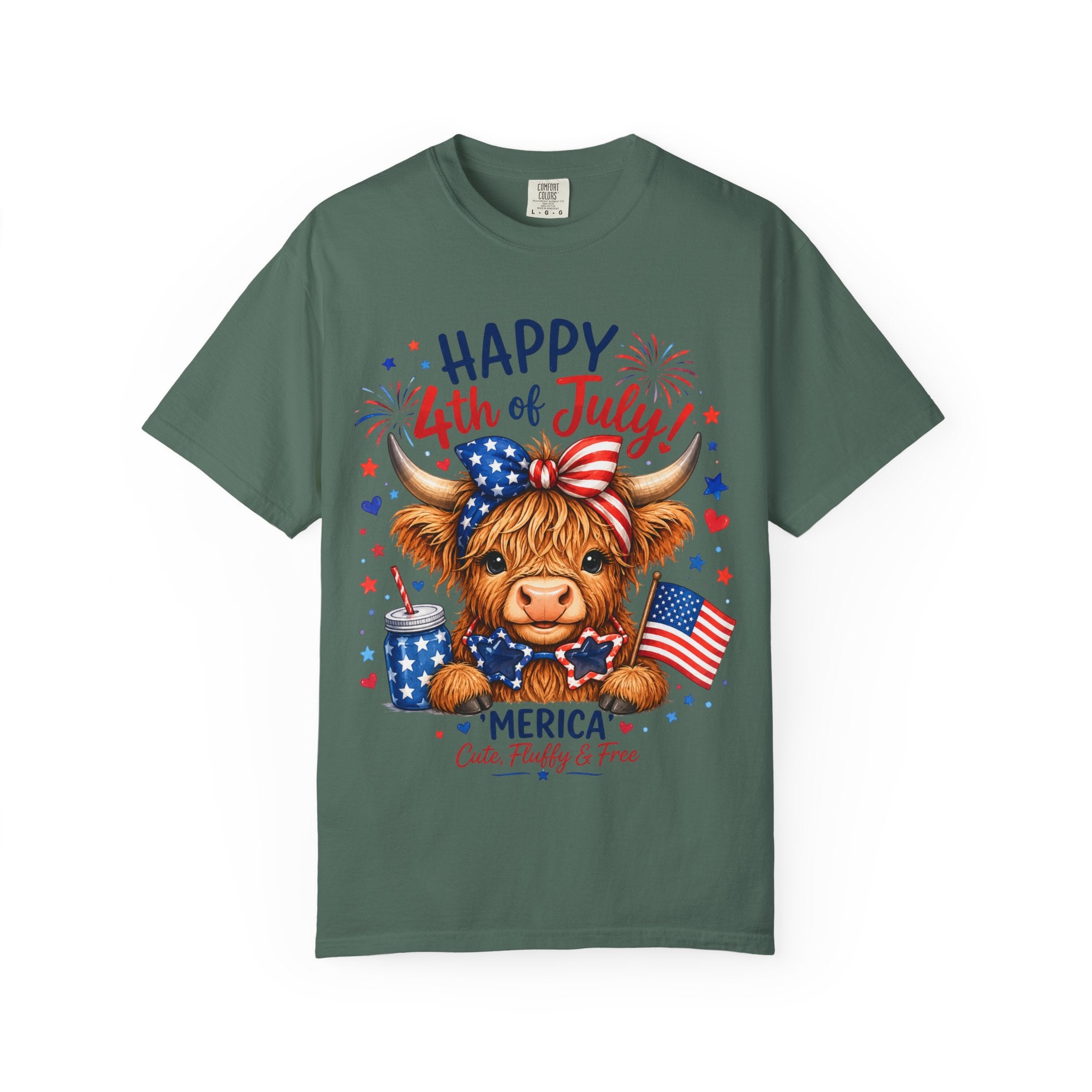 4th of July Cute Highland Cow T-Shirt — Fun Patriotic Farm Design