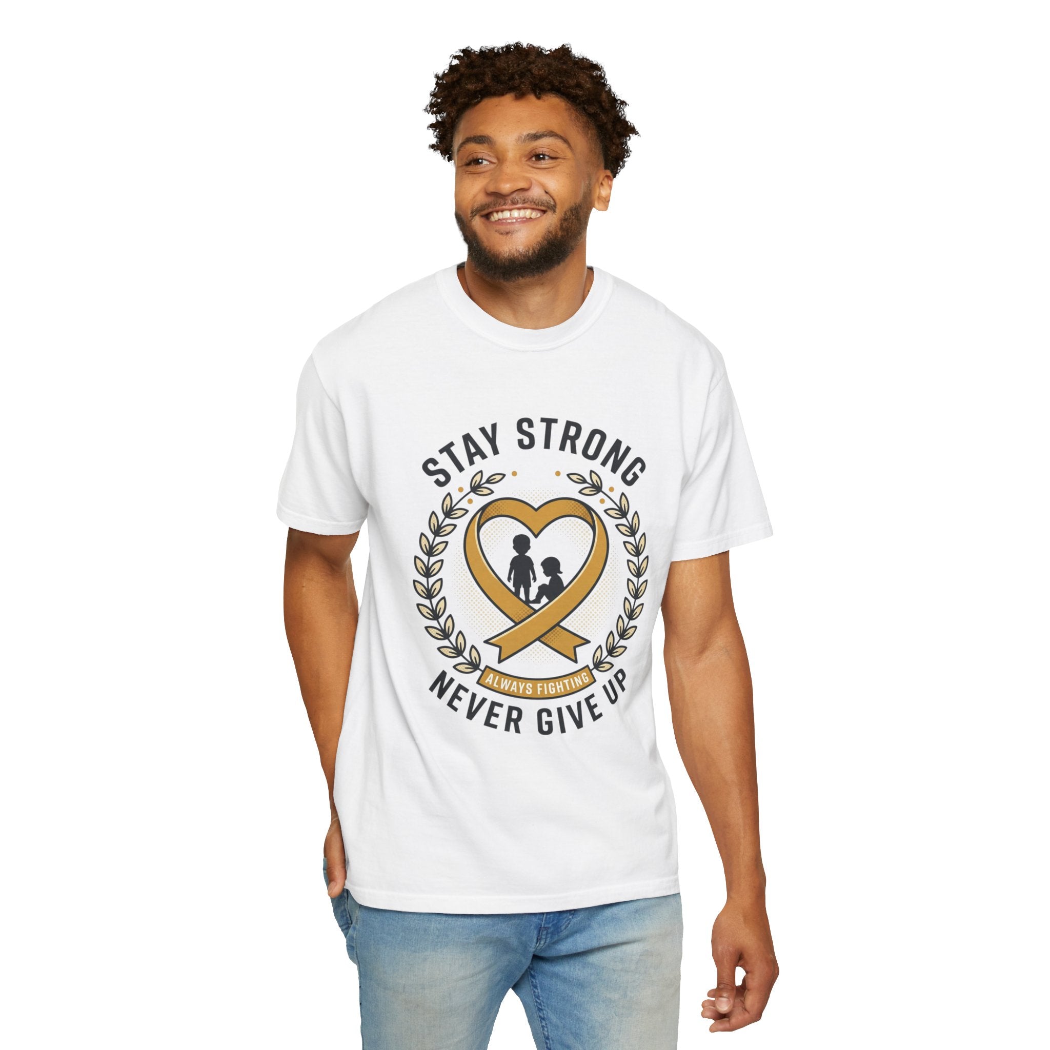 Stay Strong Never Give Up T-Shirt — Childhood Cancer Awareness Ribbon Tee