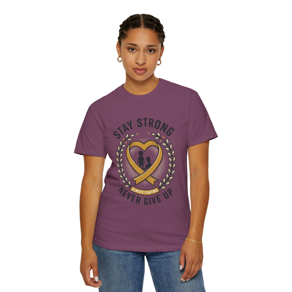 Stay Strong Never Give Up T-Shirt — Childhood Cancer Awareness Ribbon Tee