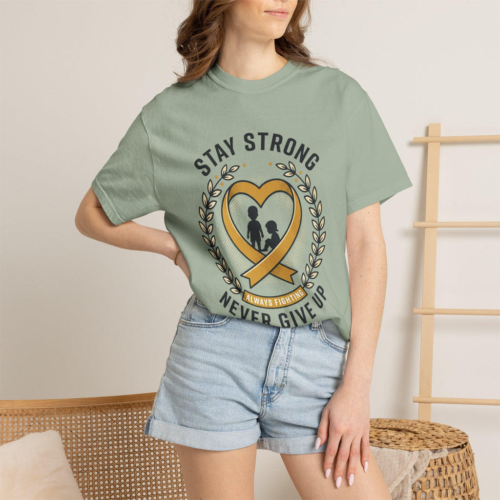 Stay Strong Never Give Up T-Shirt — Childhood Cancer Awareness Ribbon Tee