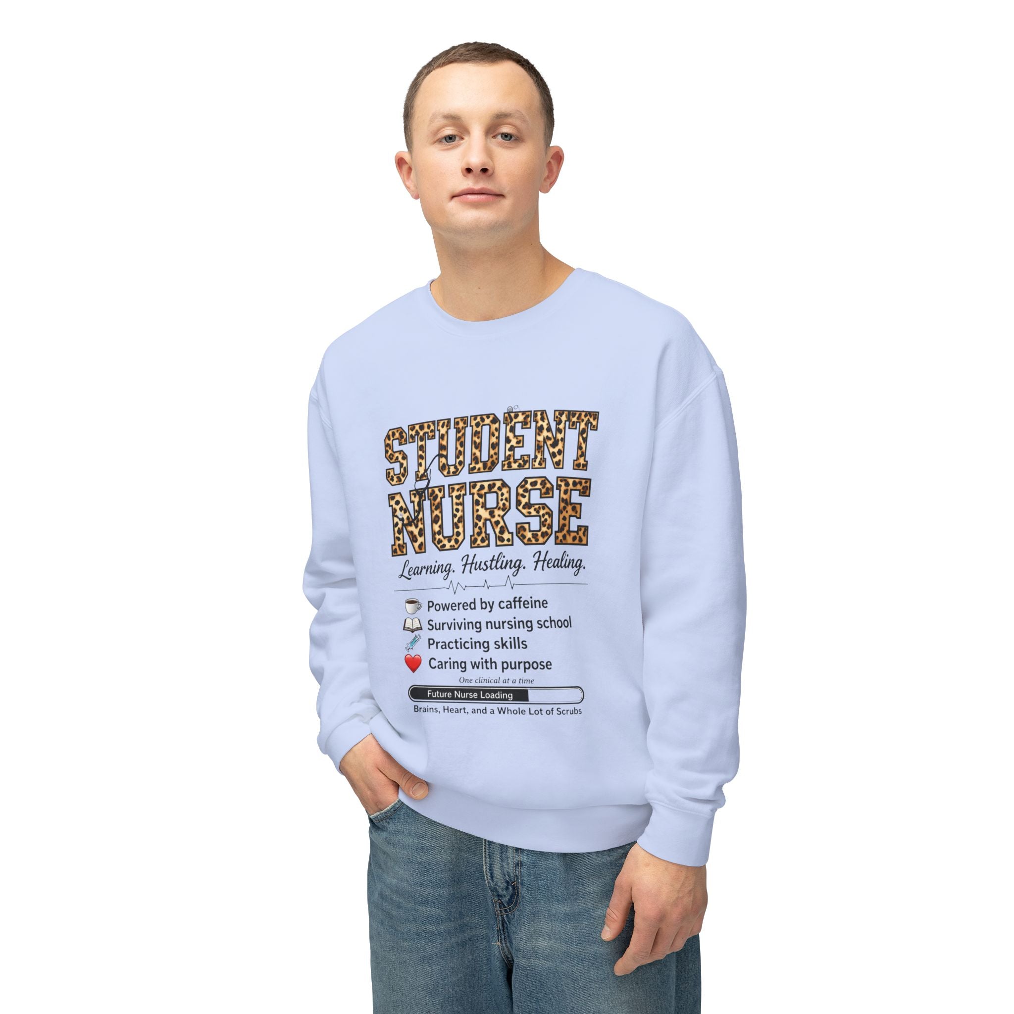 Student Nurse Crewneck Sweatshirt — Leopard Text Design, ‘Learning. Hustling. Healing.’