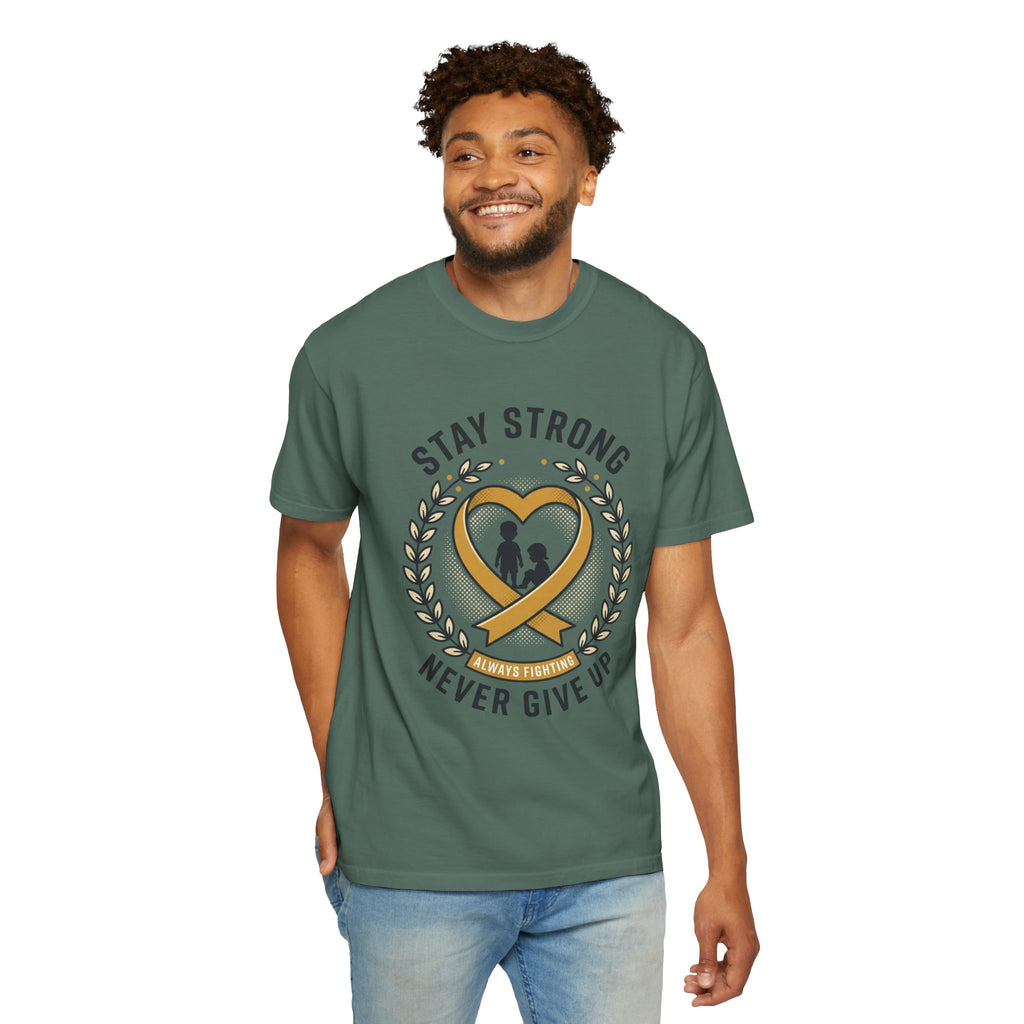 Stay Strong Never Give Up T-Shirt — Childhood Cancer Awareness Ribbon Tee