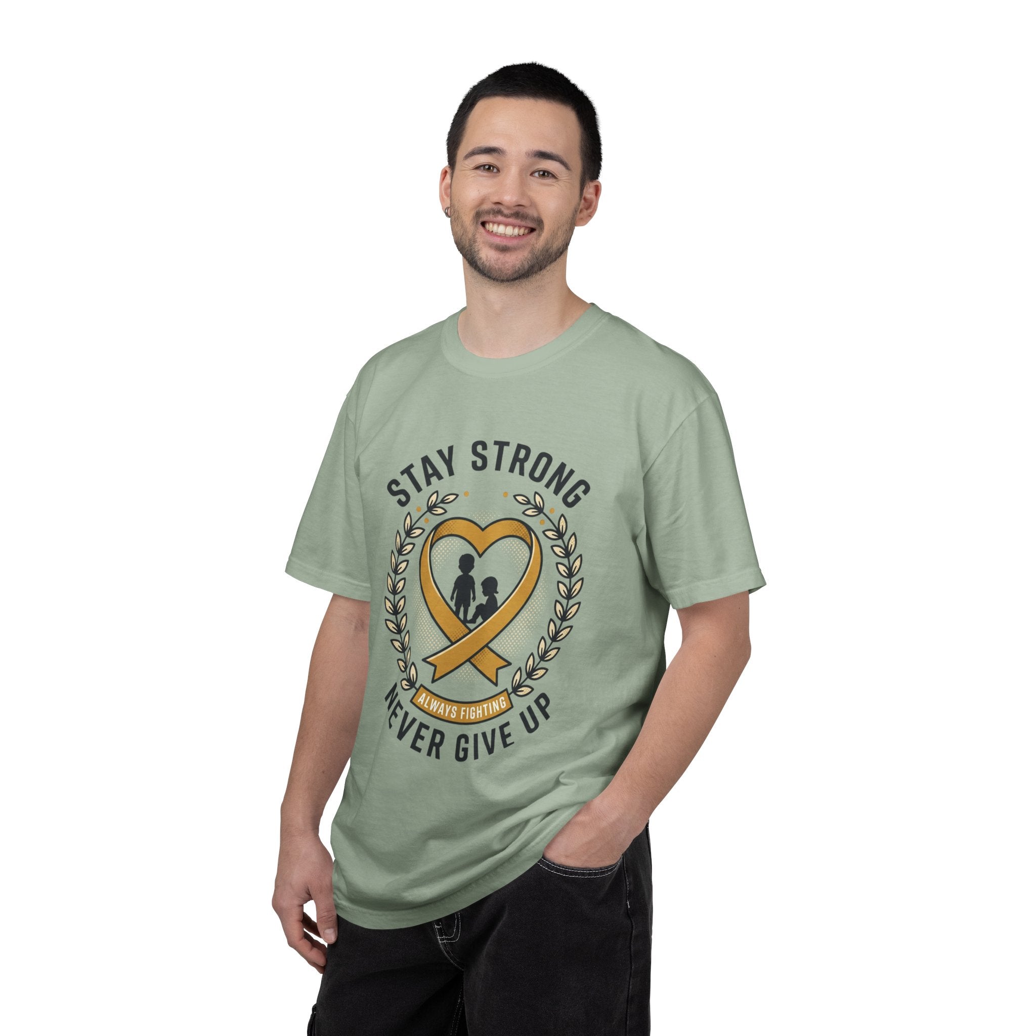Stay Strong Never Give Up T-Shirt — Childhood Cancer Awareness Ribbon Tee