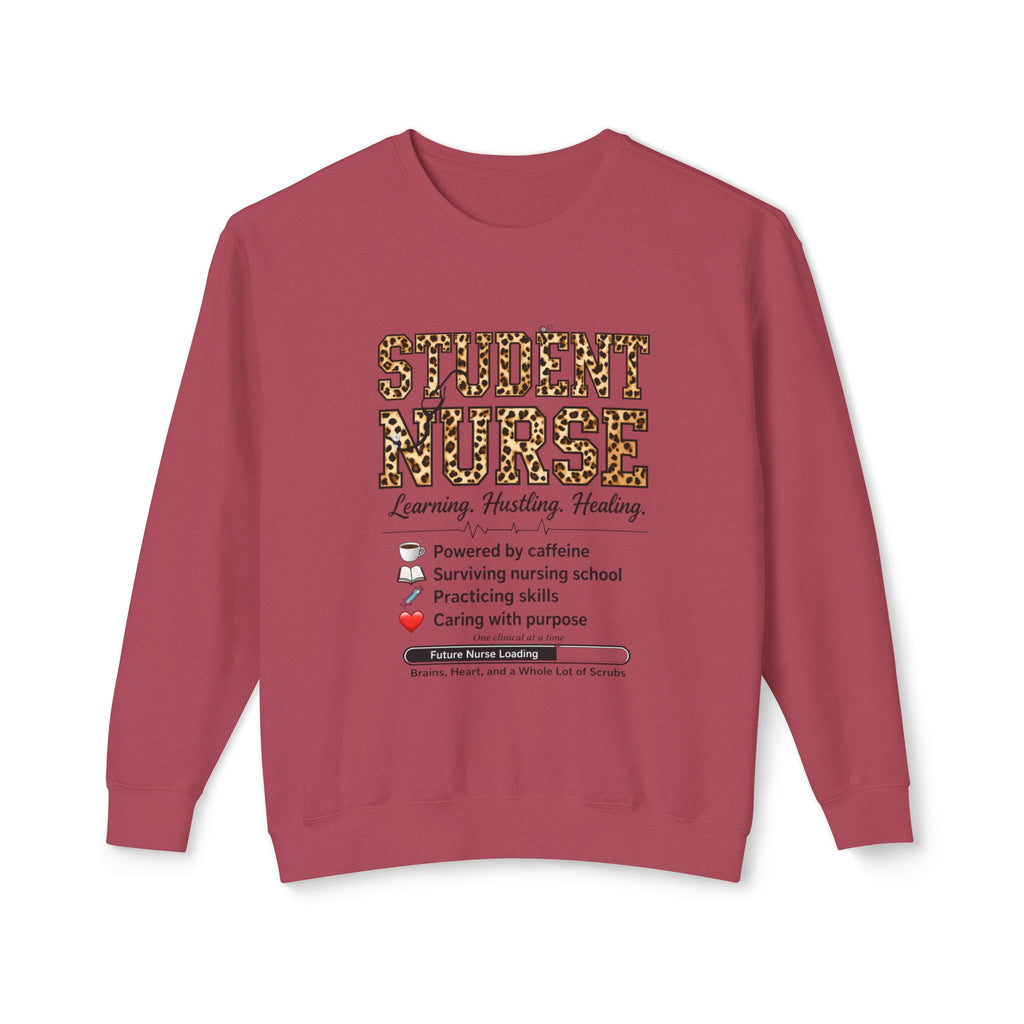 Student Nurse Crewneck Sweatshirt — Leopard Text Design, ‘Learning. Hustling. Healing.’