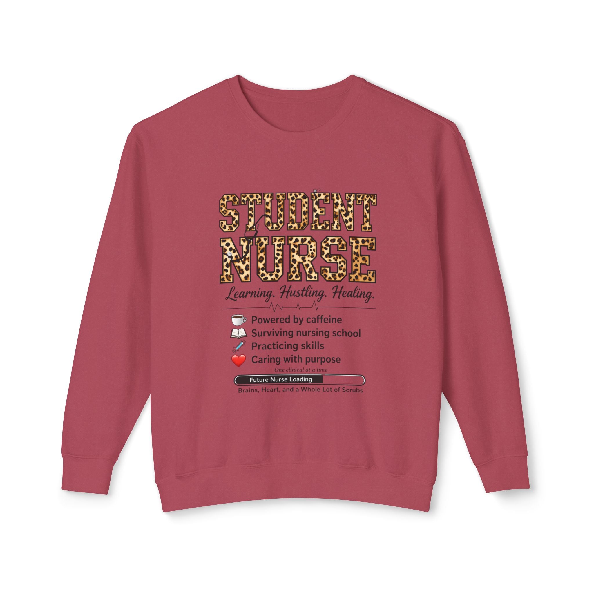 Student Nurse Crewneck Sweatshirt — Leopard Text Design, ‘Learning. Hustling. Healing.’