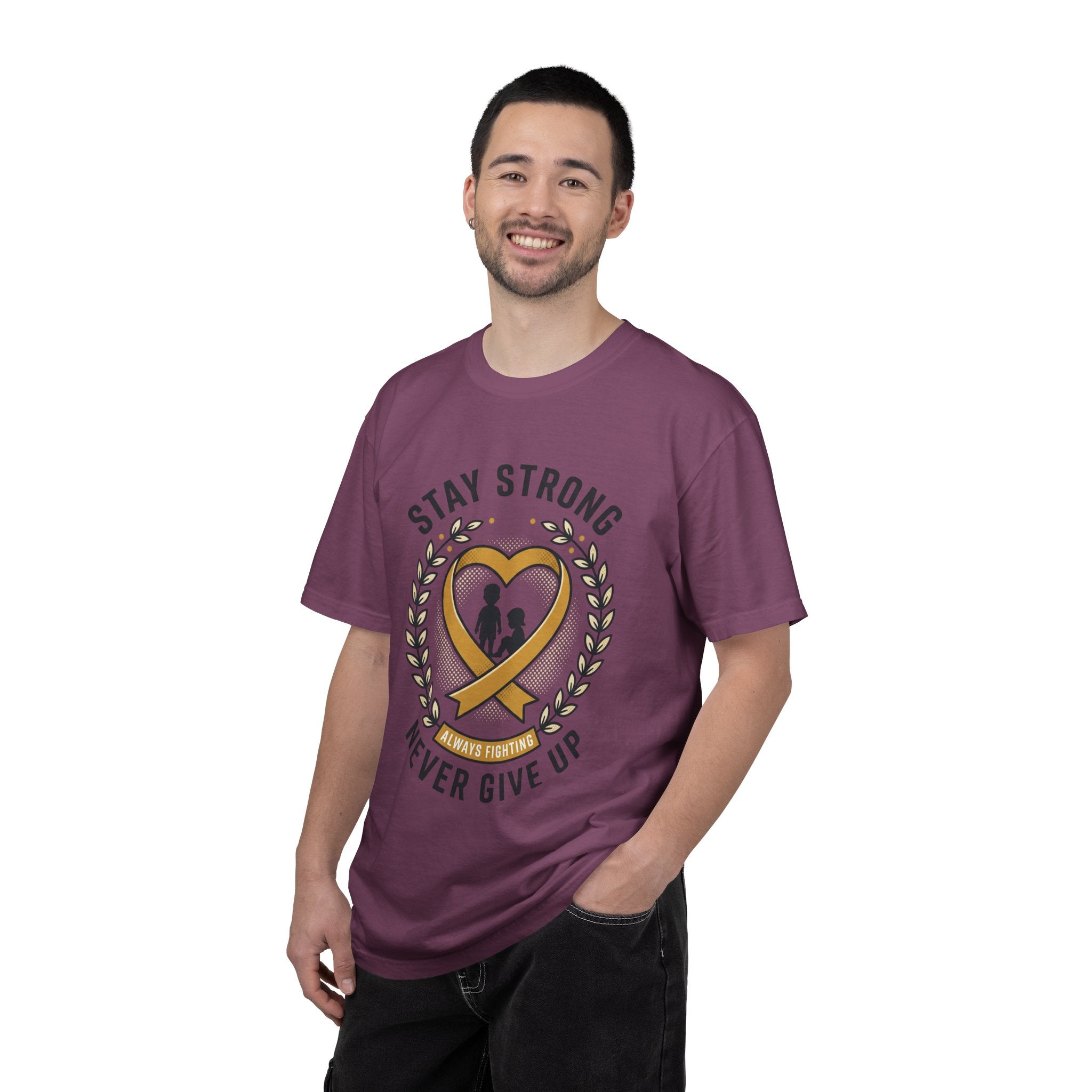 Stay Strong Never Give Up T-Shirt — Childhood Cancer Awareness Ribbon Tee