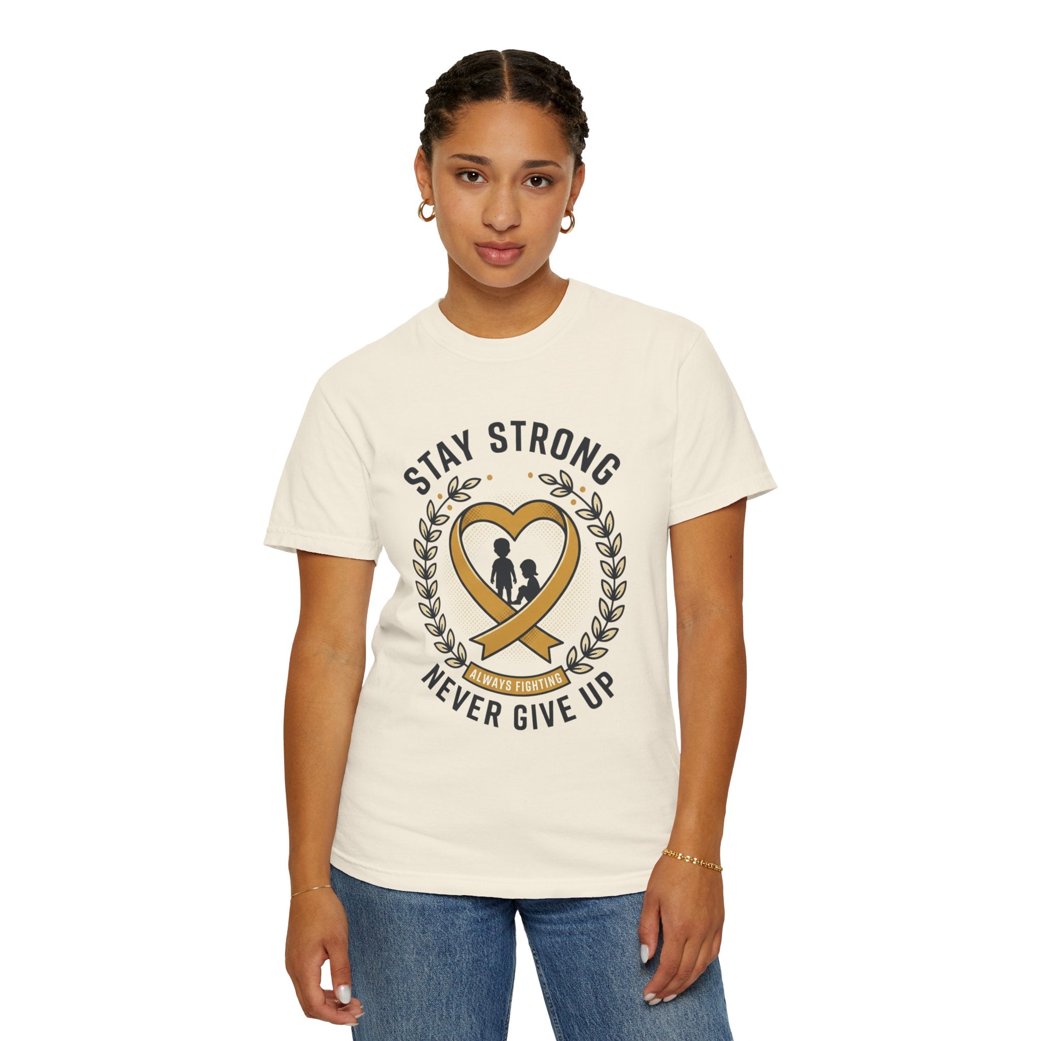 Stay Strong Never Give Up T-Shirt — Childhood Cancer Awareness Ribbon Tee