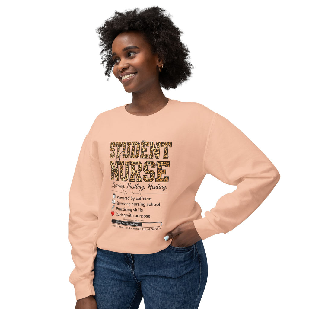 Student Nurse Crewneck Sweatshirt — Leopard Text Design, ‘Learning. Hustling. Healing.’